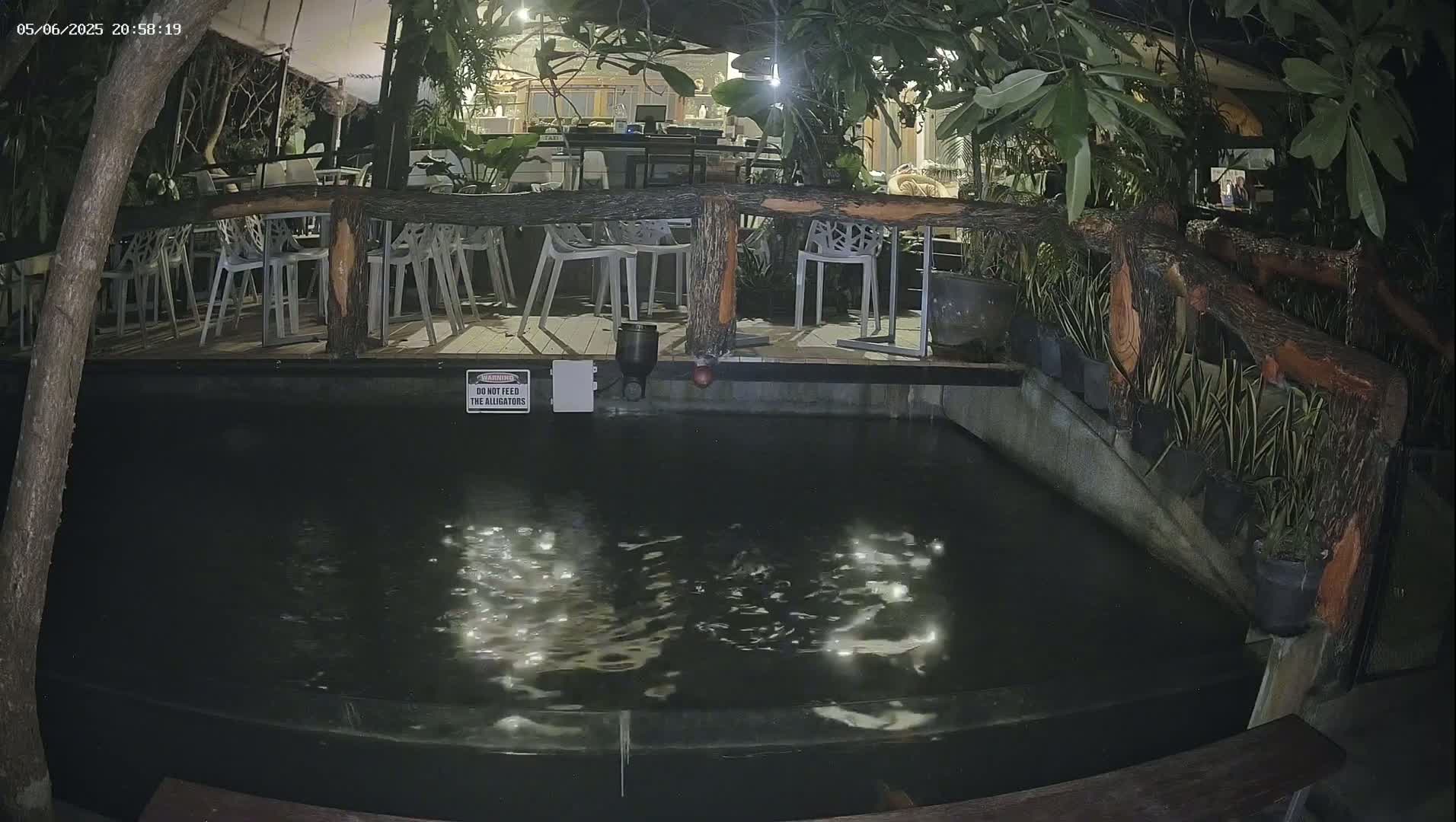 At night, a dark pond with slightly rippling water sits beside a deck with empty white plastic chairs and tables under leafy trees.