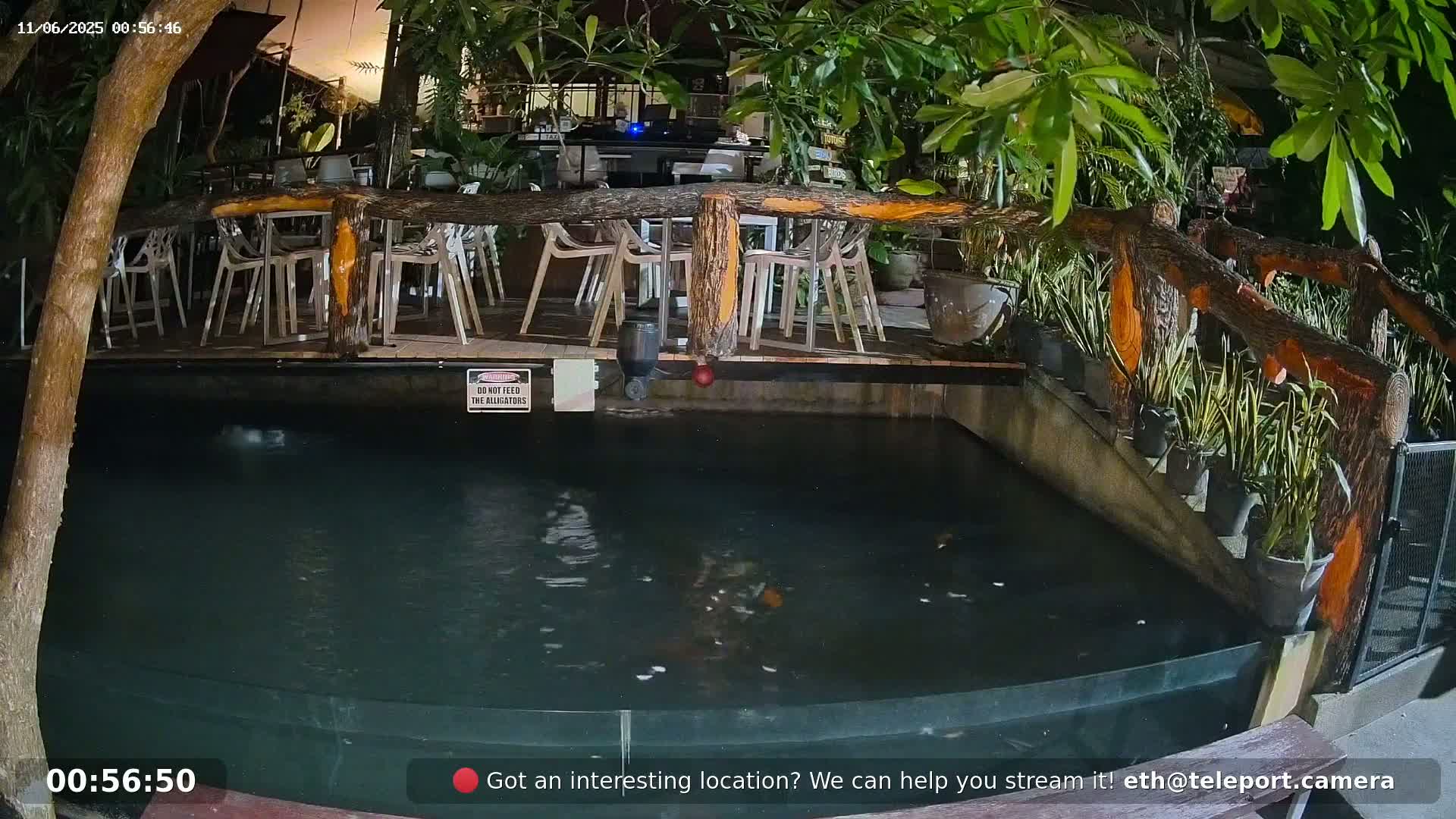 At night, an outdoor koi pond with a wooden bridge and surrounding patio furniture is illuminated, showing some fish in the water.