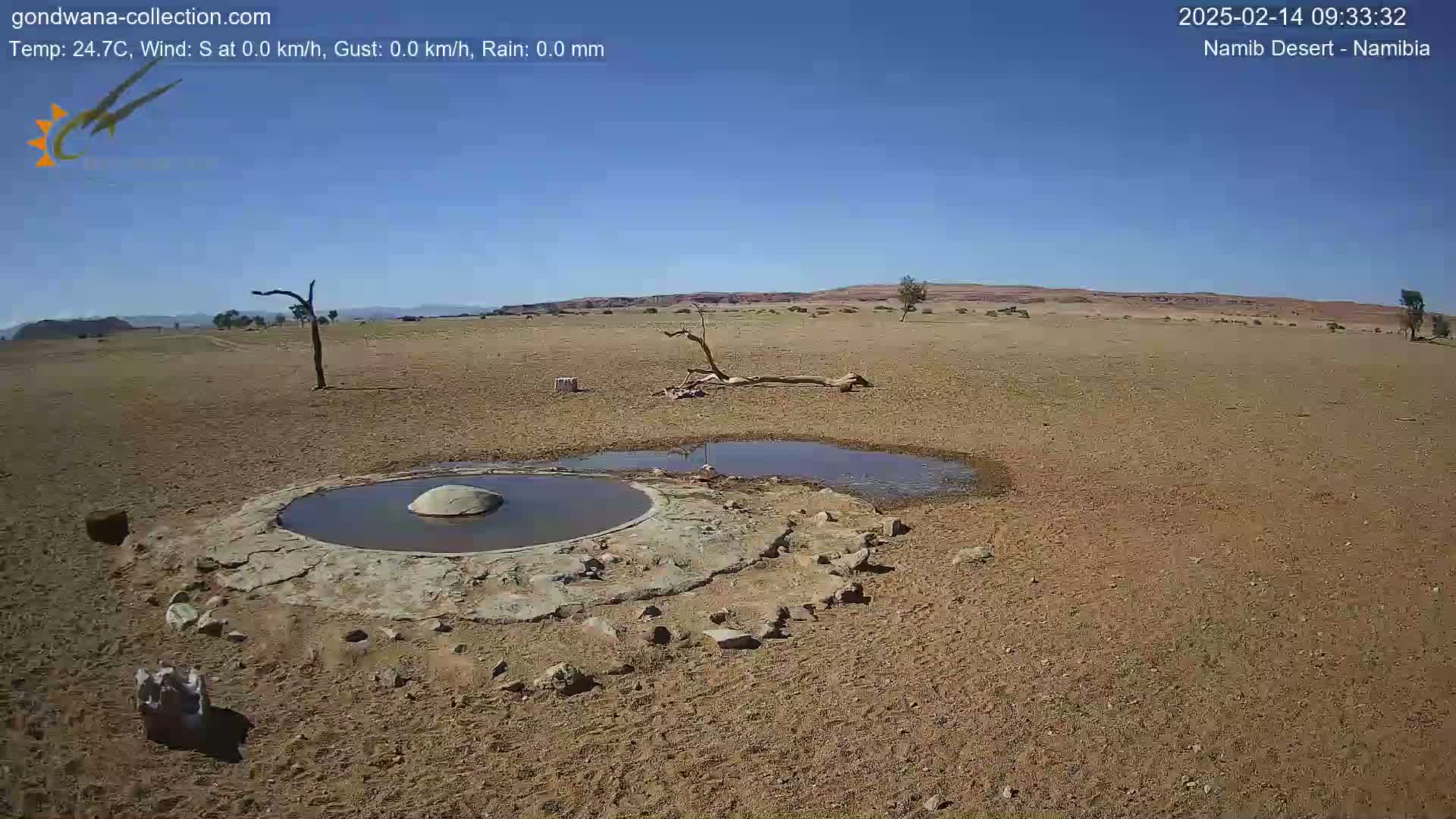 A small, shallow, circular pool of water sits in a dry, sandy desert landscape under a clear blue sky.