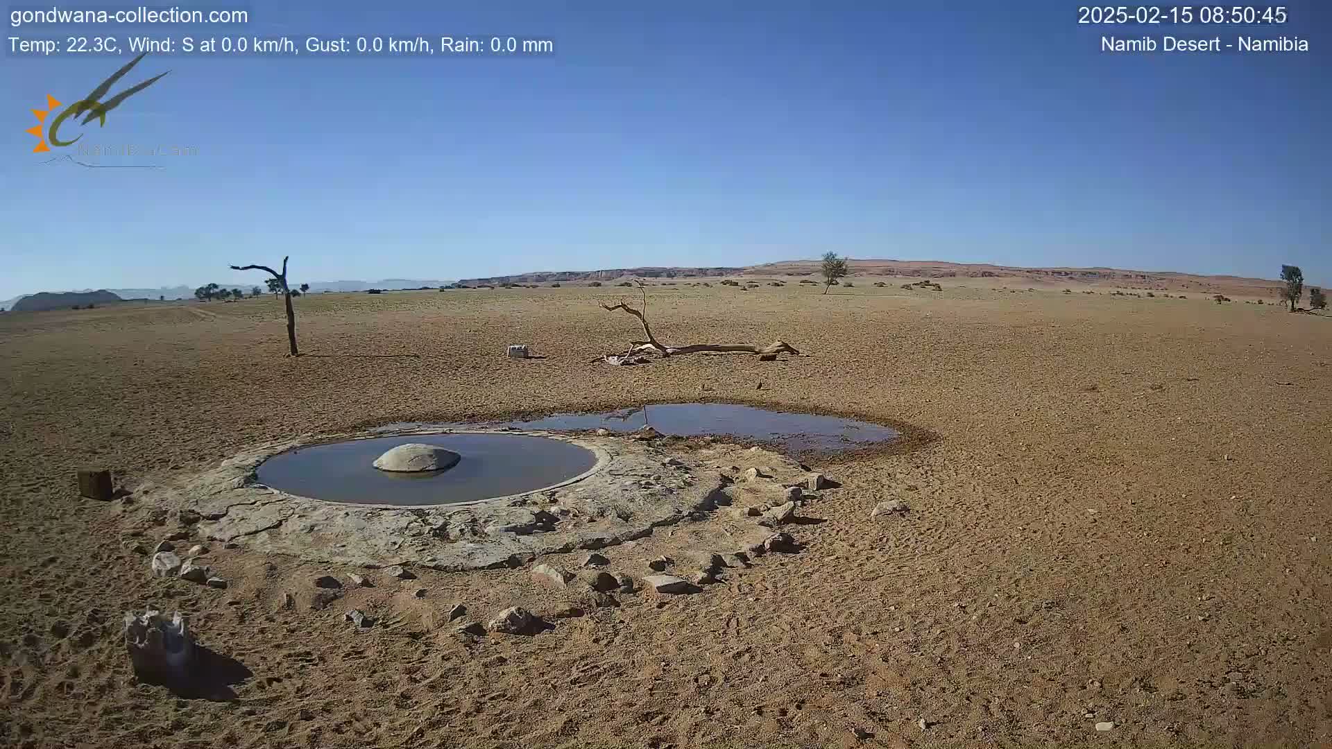 A circular waterhole surrounded by rocks sits in a dry, sandy desert under a clear blue sky.