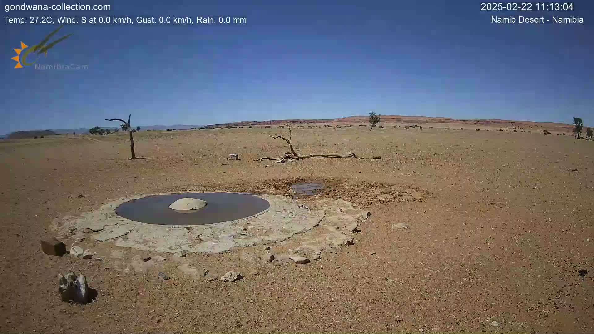 A small, shallow pool of water sits in the center of a dry, arid landscape under a clear blue sky.