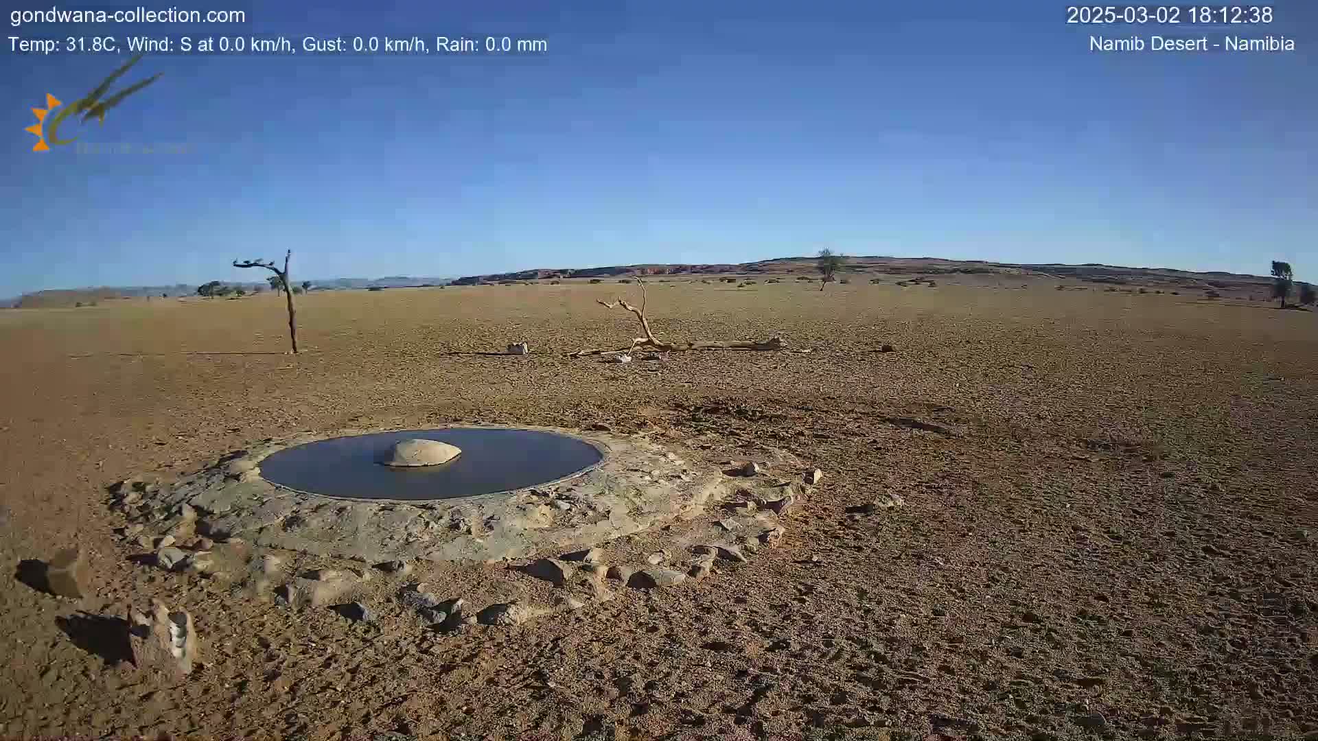 A circular water source sits in the center of a dry, sandy desert landscape under a clear blue sky.