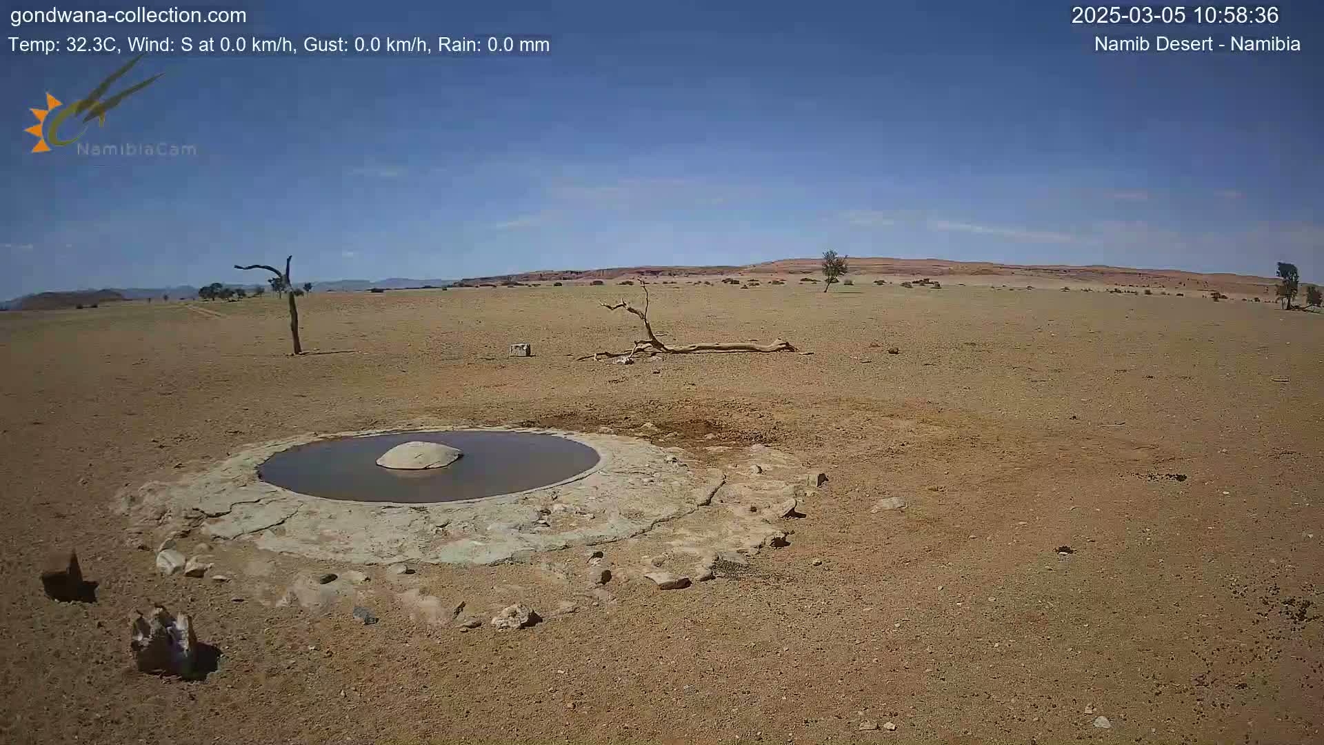 A small, shallow pool of water sits in the center of a dry, arid landscape under a clear, blue sky.