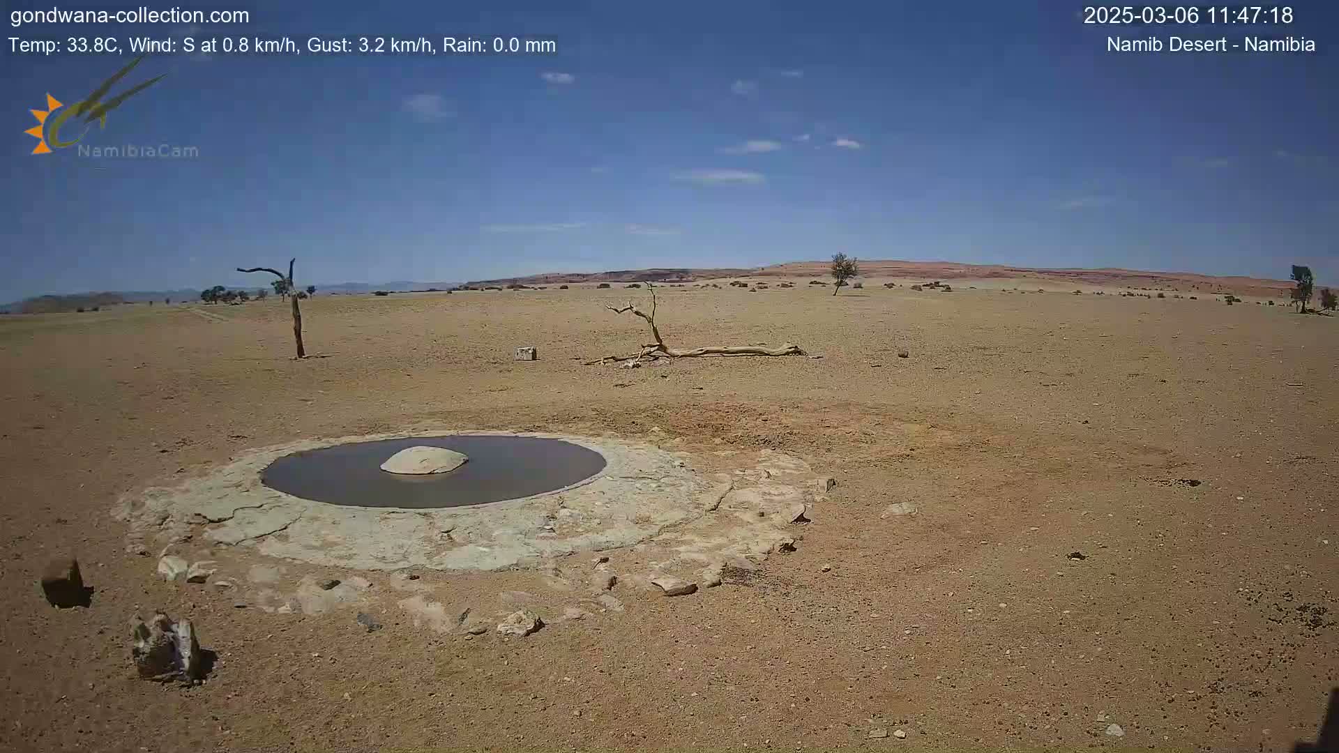 A small, shallow pool of water sits in the center of a dry, sandy landscape under a clear, bright blue sky.