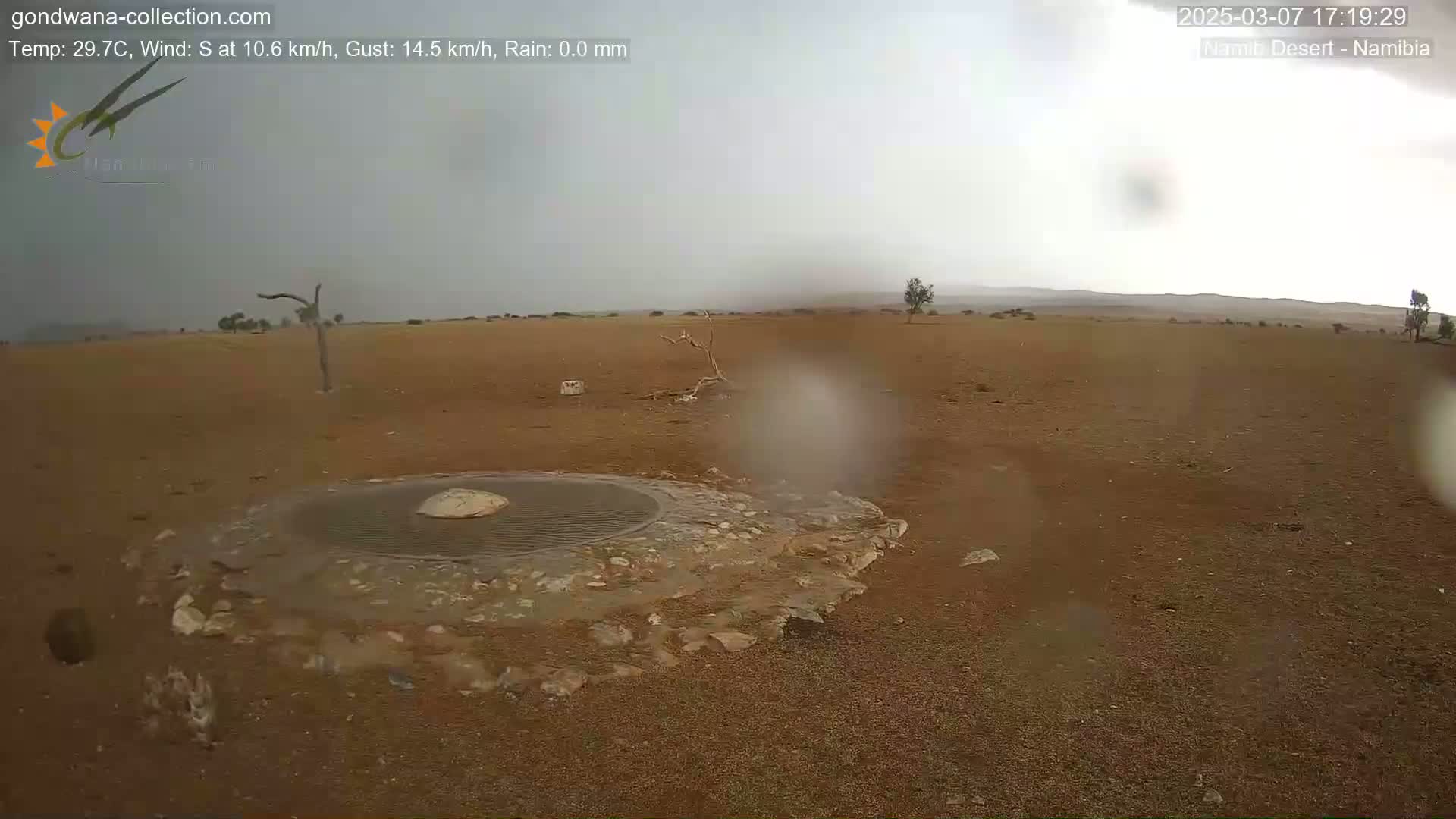 A water source in a desert landscape is being lightly sprinkled with rain under overcast skies.