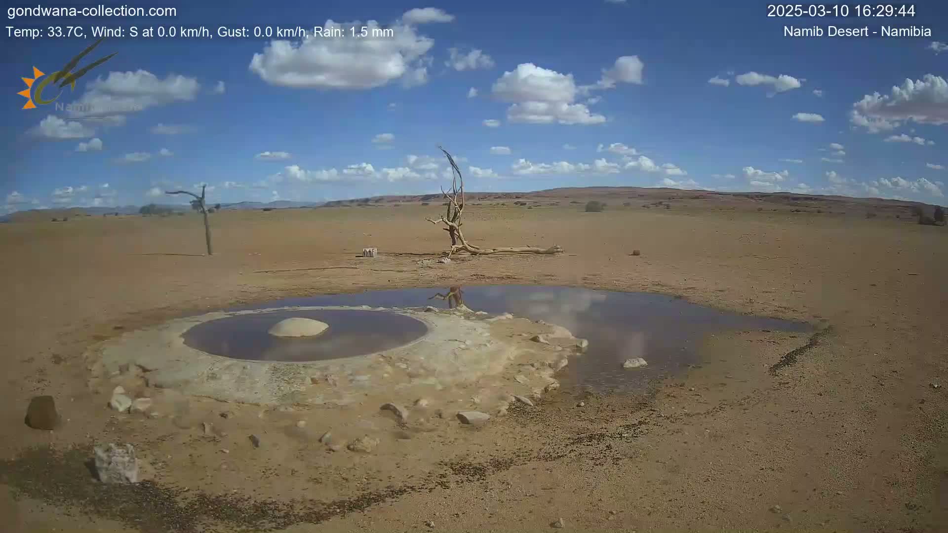 A small, shallow pool of water sits in a mostly dry, sandy desert landscape under a partly cloudy blue sky.