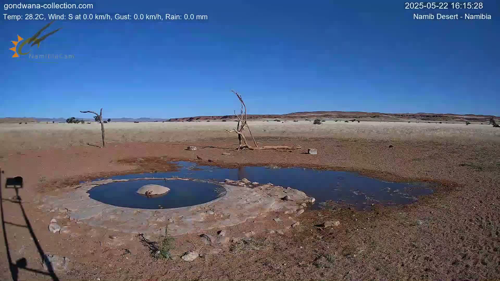 A waterhole with a stone border sits in a dry, arid landscape under a clear blue sky.