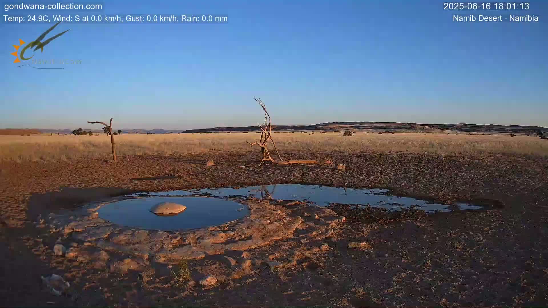 A small, shallow pool of water sits in a dry, flat desert landscape under a clear blue sky.