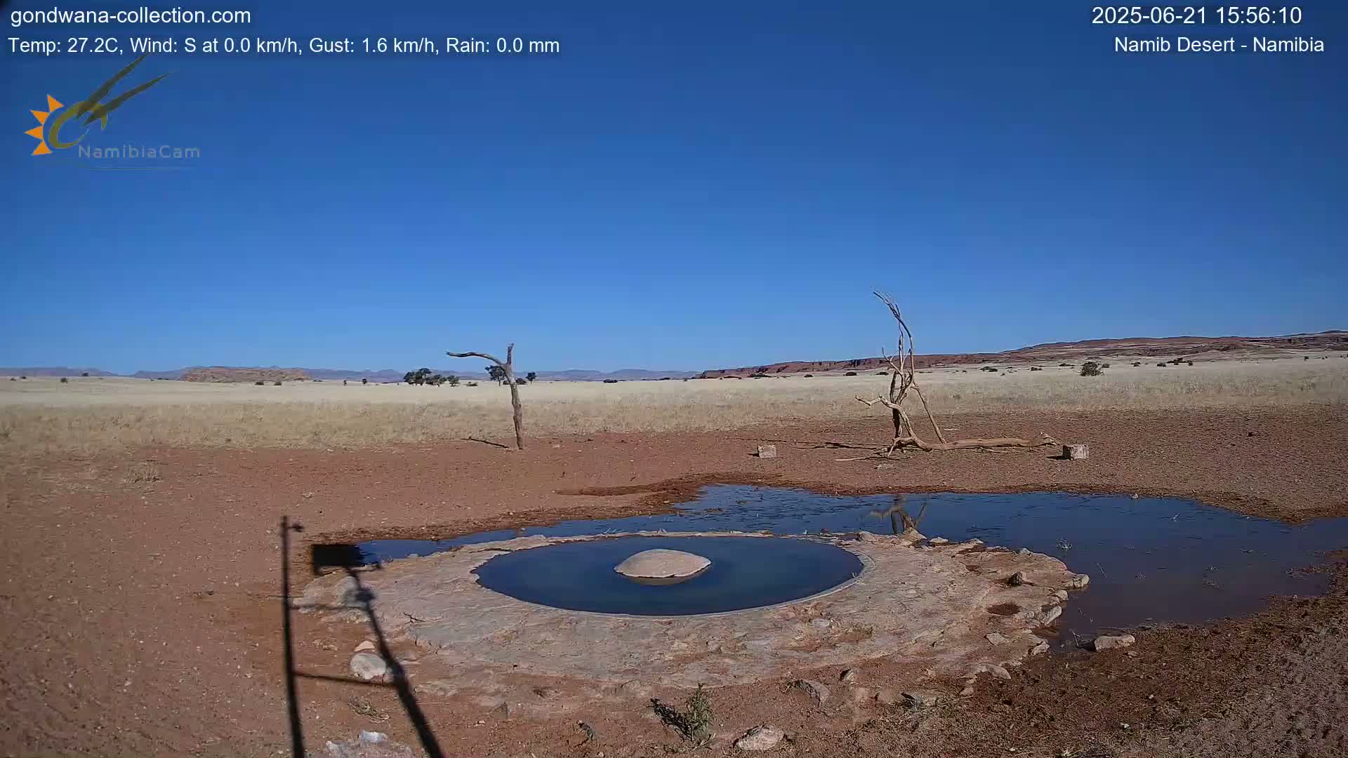 A small, shallow pool of water sits in a dry, reddish-brown landscape under a clear blue sky, with sparse, dry vegetation and distant mountains visible in the background.