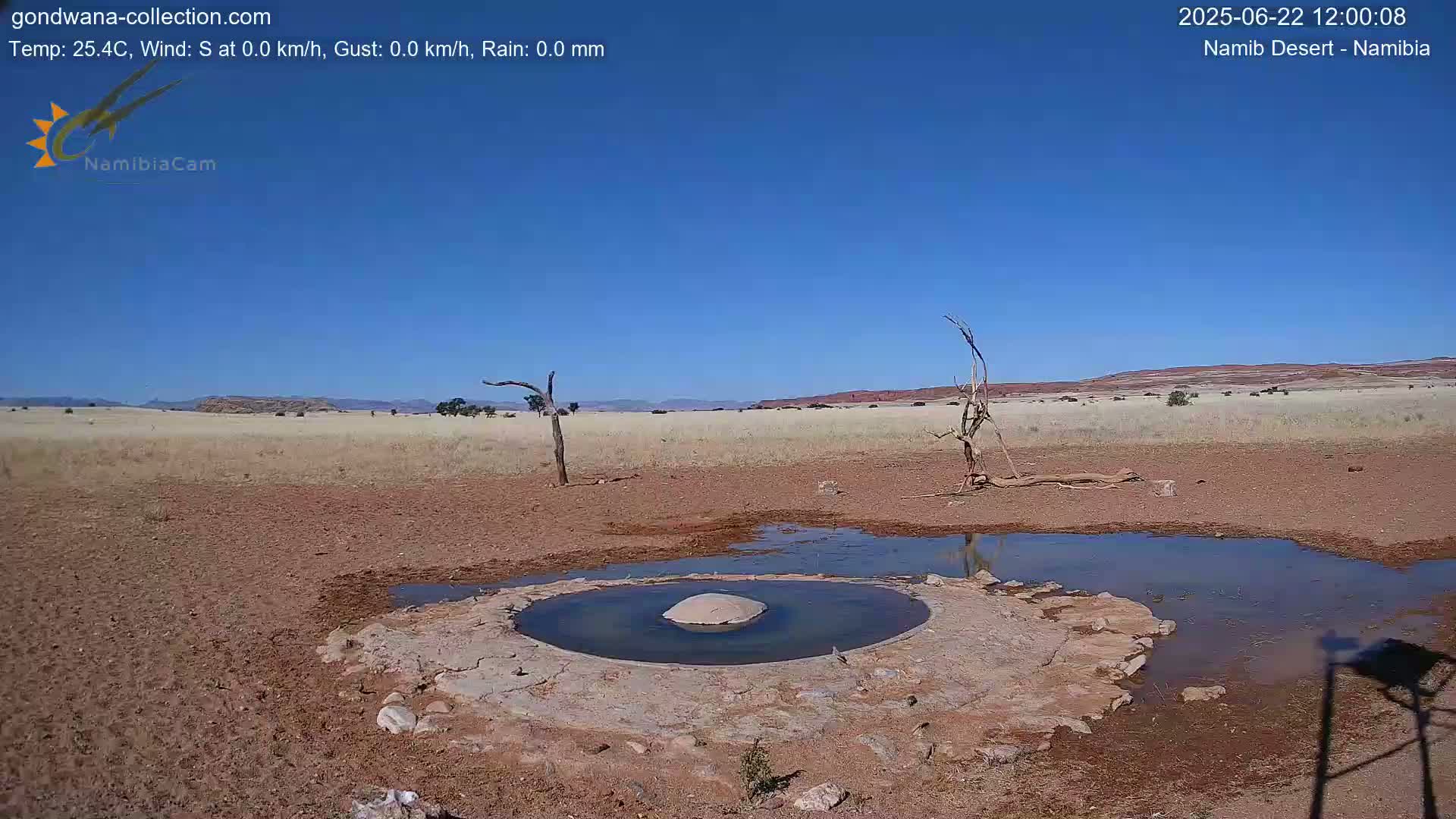 A small, shallow pool of water surrounded by dry, cracked earth sits in a dry, arid landscape under a clear blue sky.
