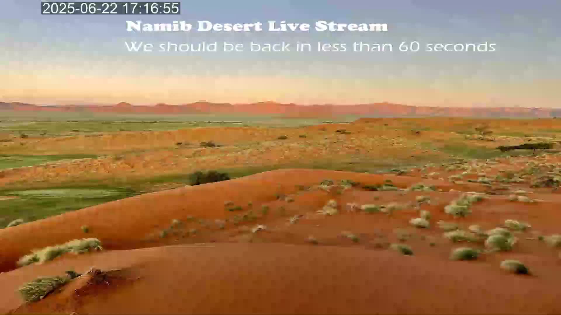 A panoramic view of a vast, reddish-orange desert landscape under a clear, twilight sky.