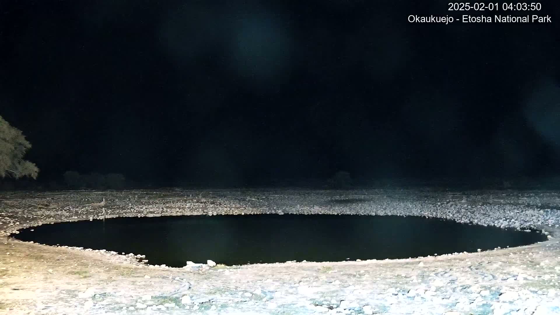 A dark, circular pool of water sits in a rocky, dry landscape under a nighttime sky.