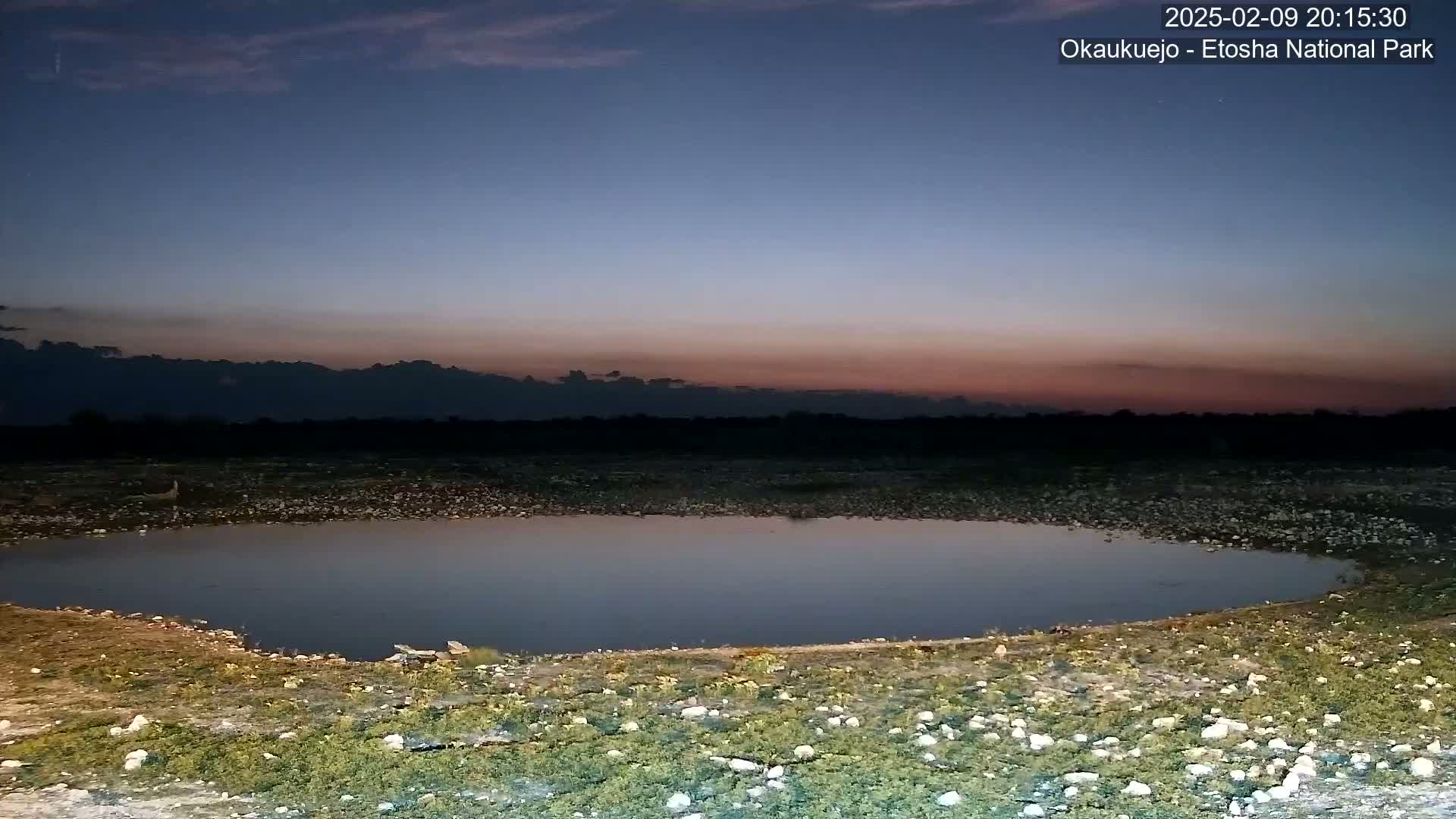 A small, still body of water sits in a rocky, sparsely vegetated area under a twilight sky.