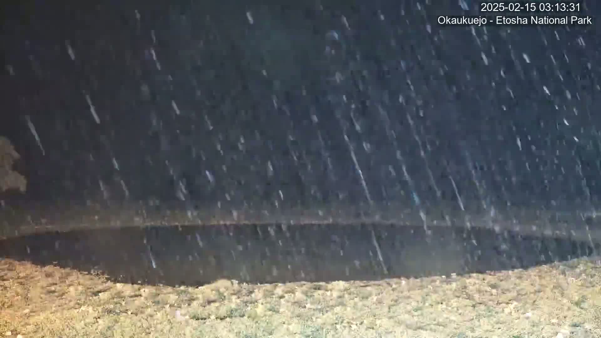 Snow falls over a dark, still body of water bordered by dry, light brown ground.