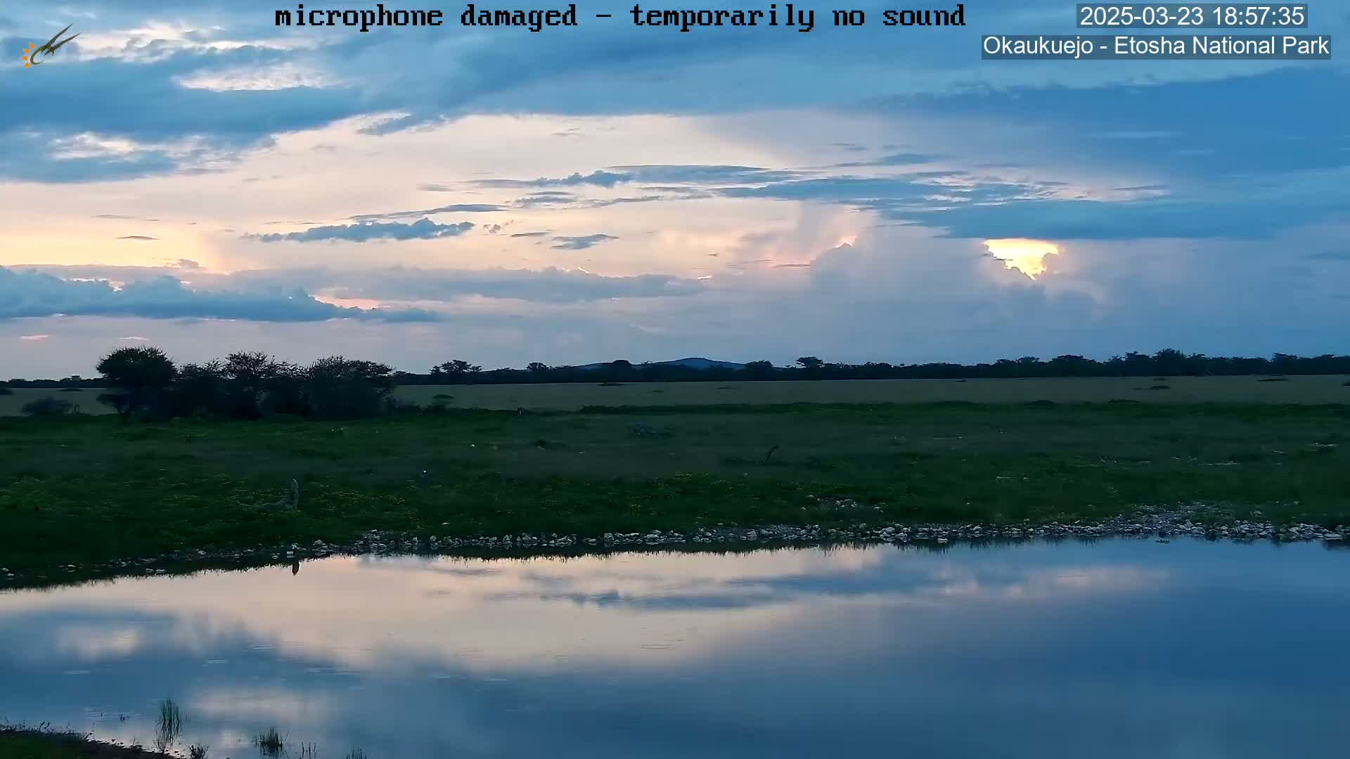 A calm body of water reflects a twilight sky filled with clouds, overlooking a flat grassy plain and distant trees under a partly cloudy sky.