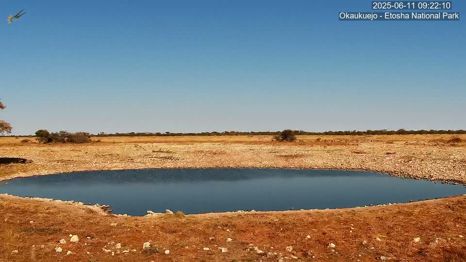 A small, still body of dark blue water sits in a rocky, dry, tan-colored landscape under a clear blue sky.
