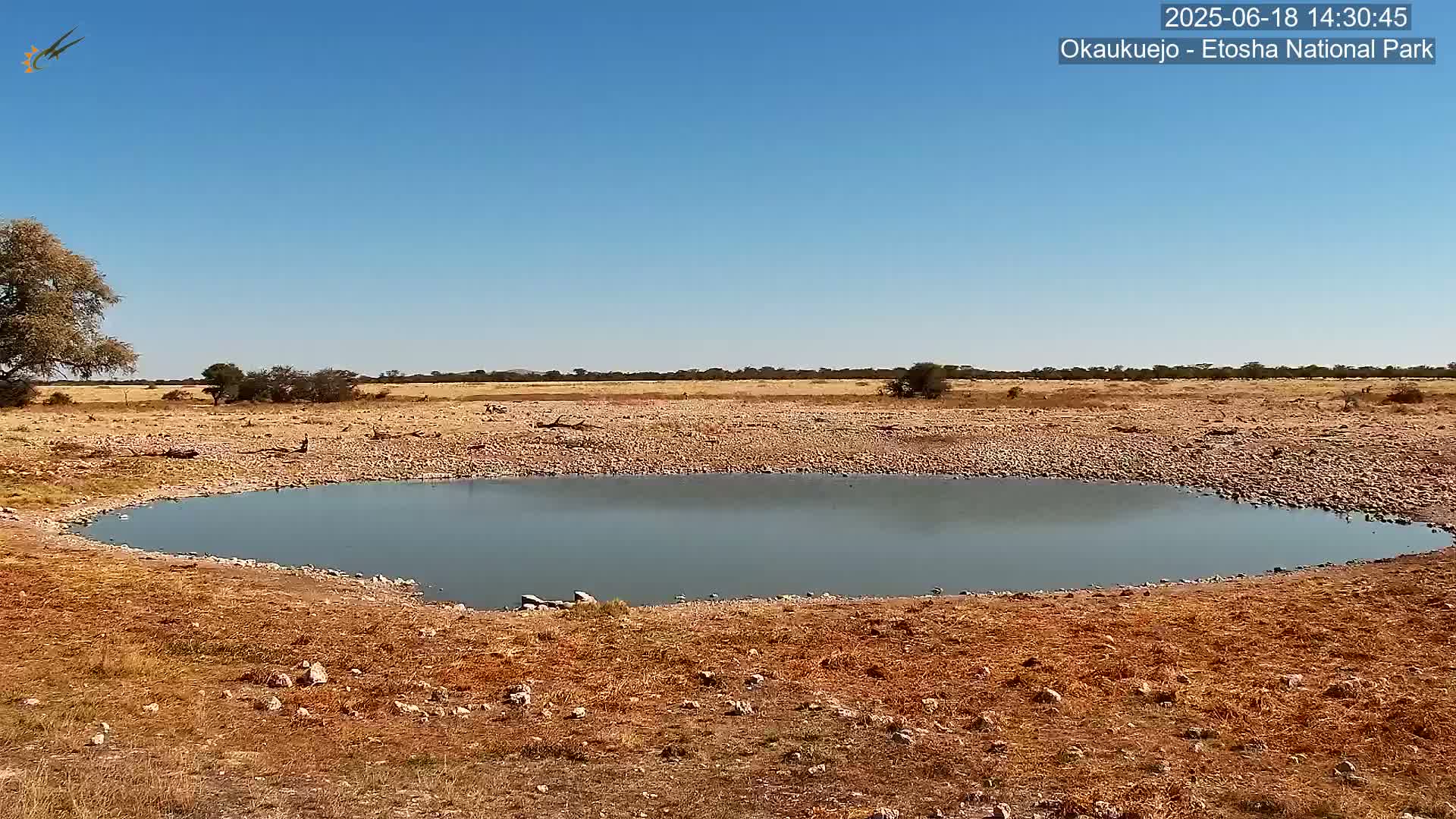 A calm, shallow body of water sits in a dry, rocky landscape under a clear blue sky.
