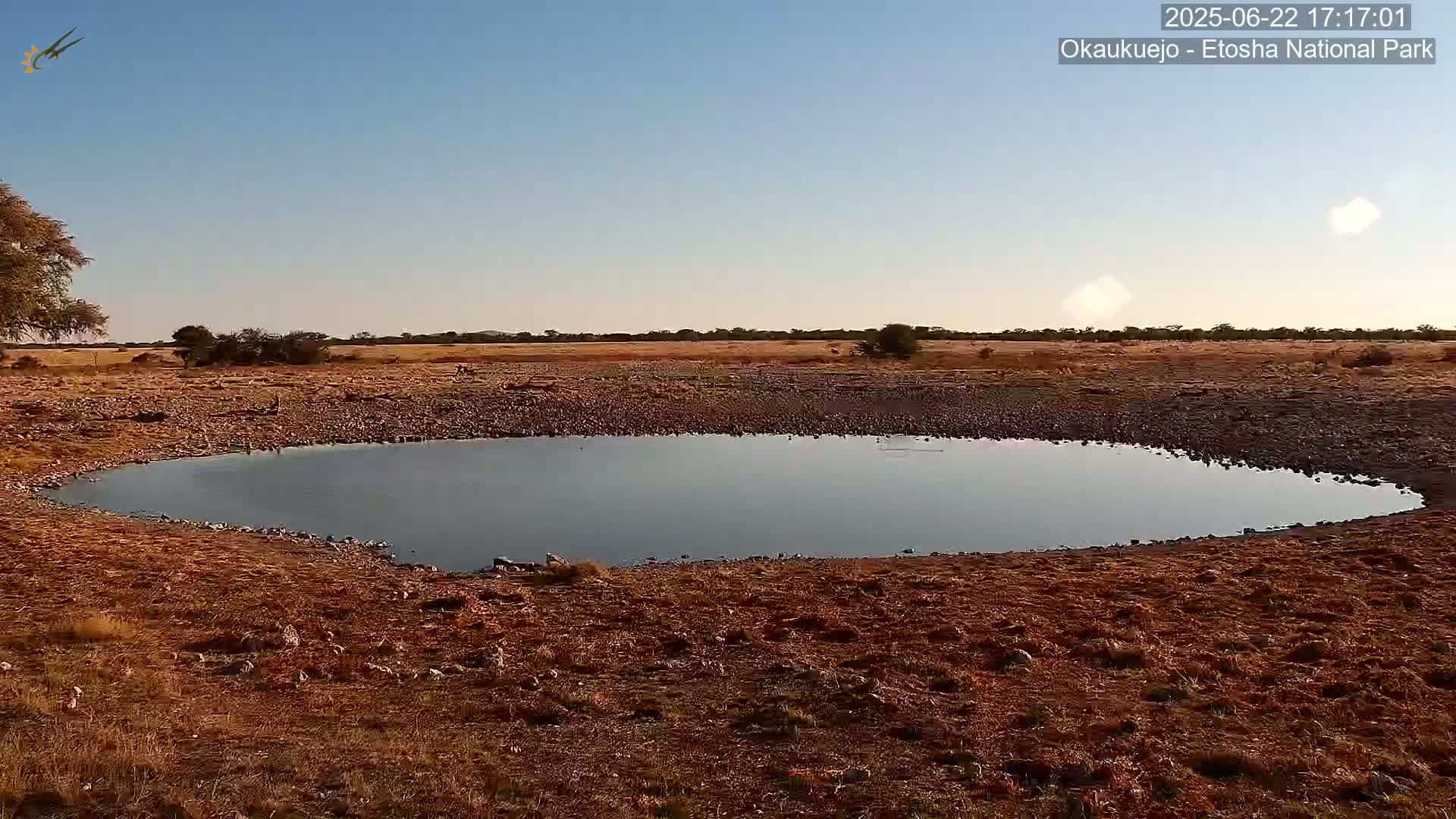 A small, calm body of water sits in a dry, brown landscape under a clear, blue sky.