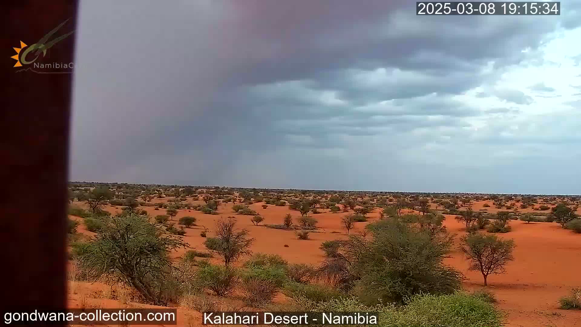 A flat, red desert landscape with scattered shrubs and trees under a mostly cloudy sky.