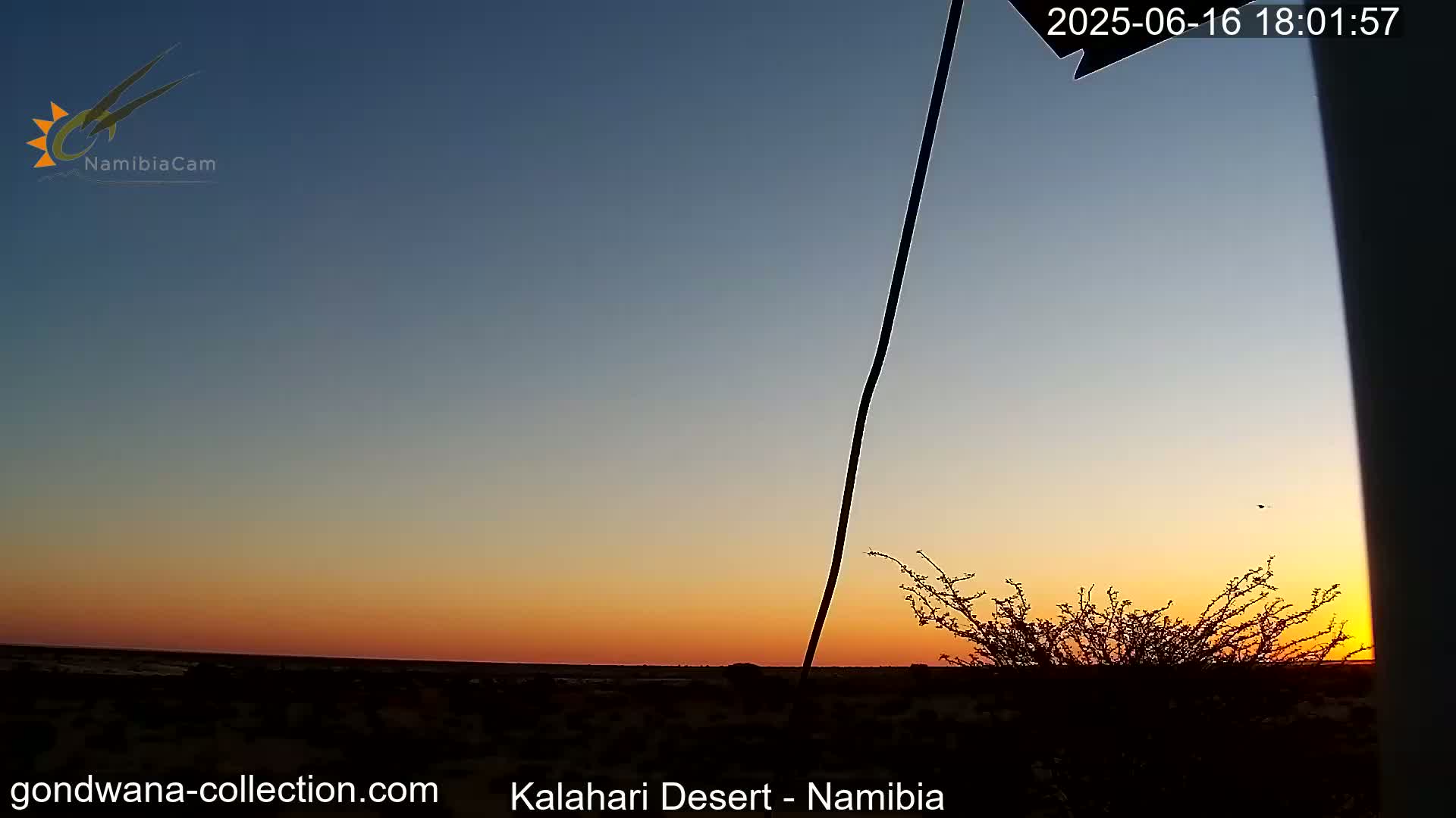 A desert sunset with orange and pink hues in the sky, silhouetted desert plants in the foreground, and a tall, thin pole extending from the bottom to near the top of the frame.