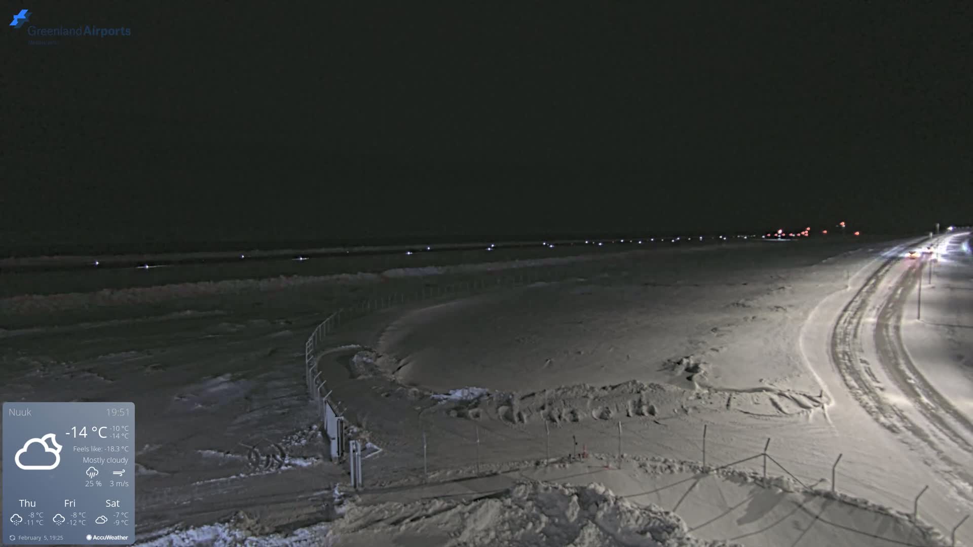 A snow-covered airfield at night under mostly cloudy skies with a temperature of -14°C.