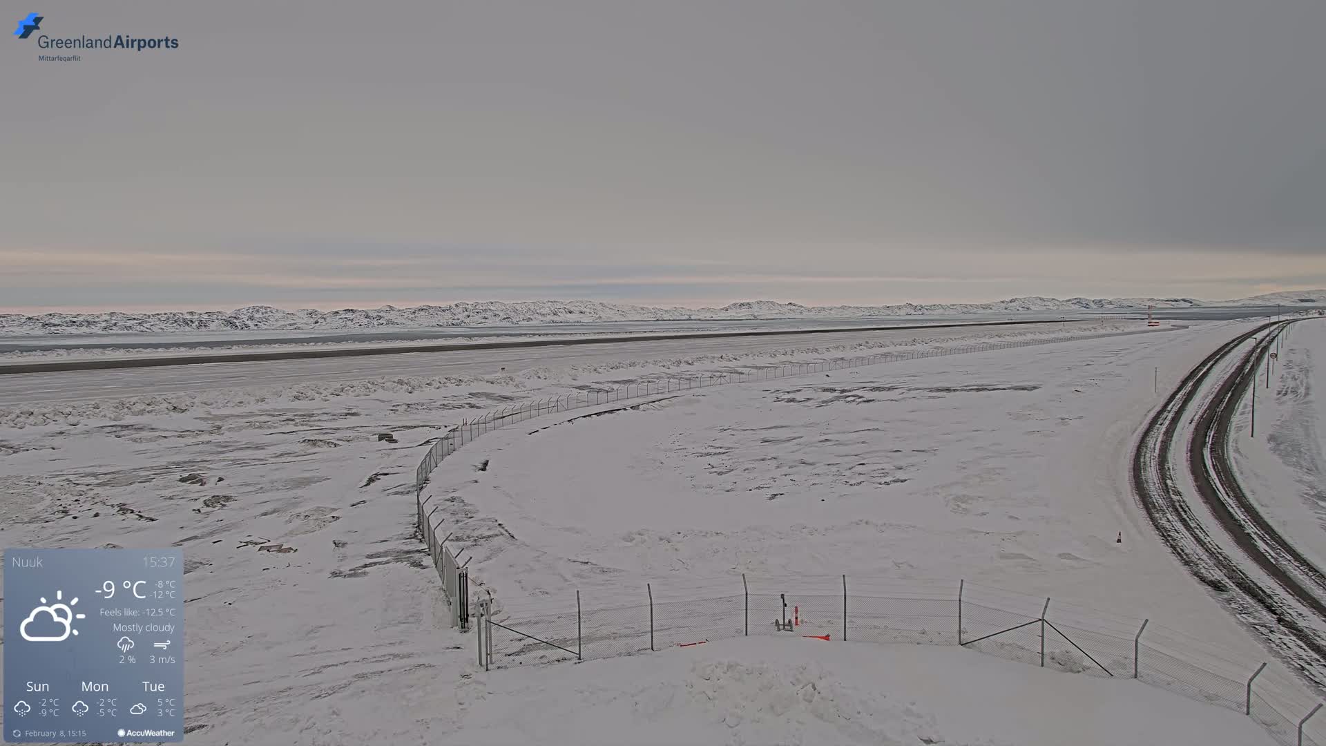 A snow-covered landscape stretches to distant, snow-capped mountains under a mostly cloudy sky.