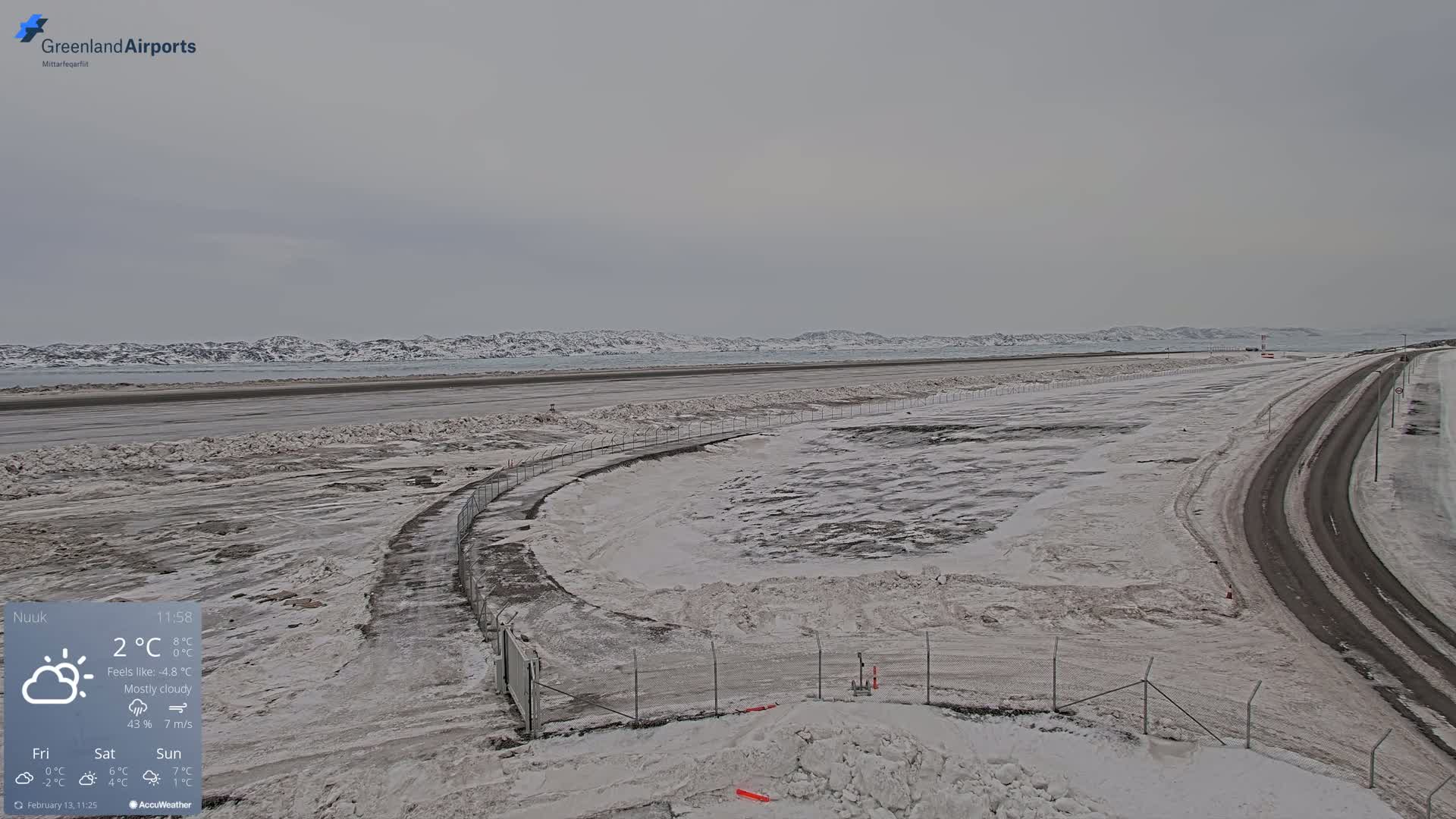 A snow-covered airfield with a road beside it stretches towards a distant, snow-capped mountain range under a mostly cloudy sky.