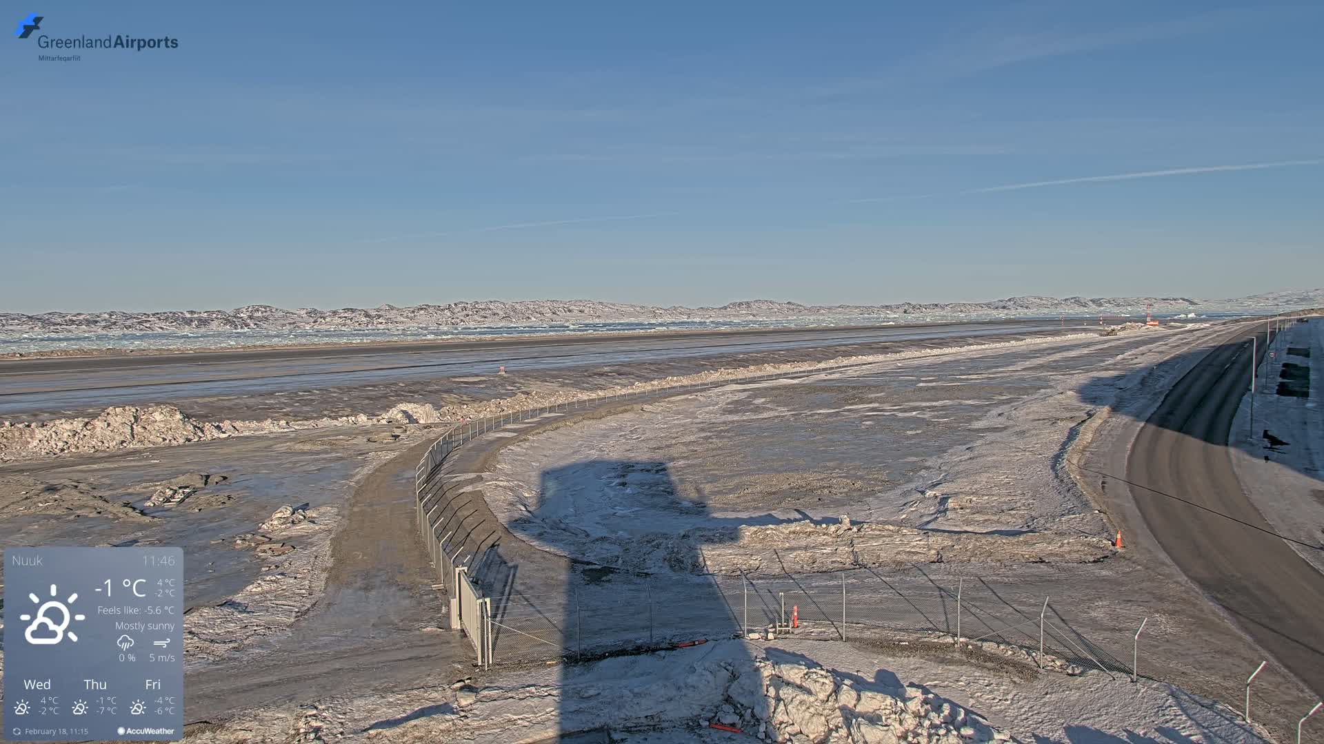 A mostly sunny, cold day shows a snow-covered landscape with a paved road and a chain-link fence near a body of water with ice floes in the distance.