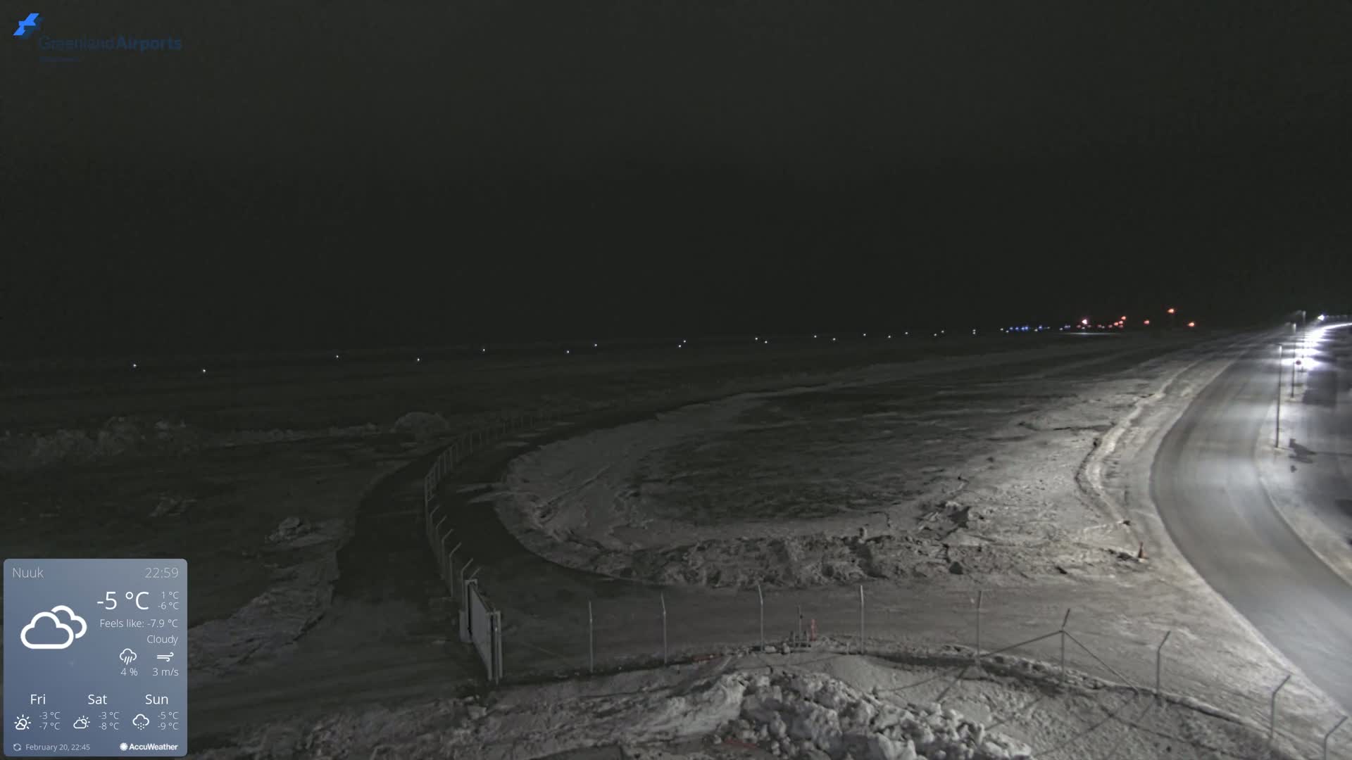 A nighttime, cloudy view of a snow-covered airfield with a road curving toward the horizon under dimly lit conditions.