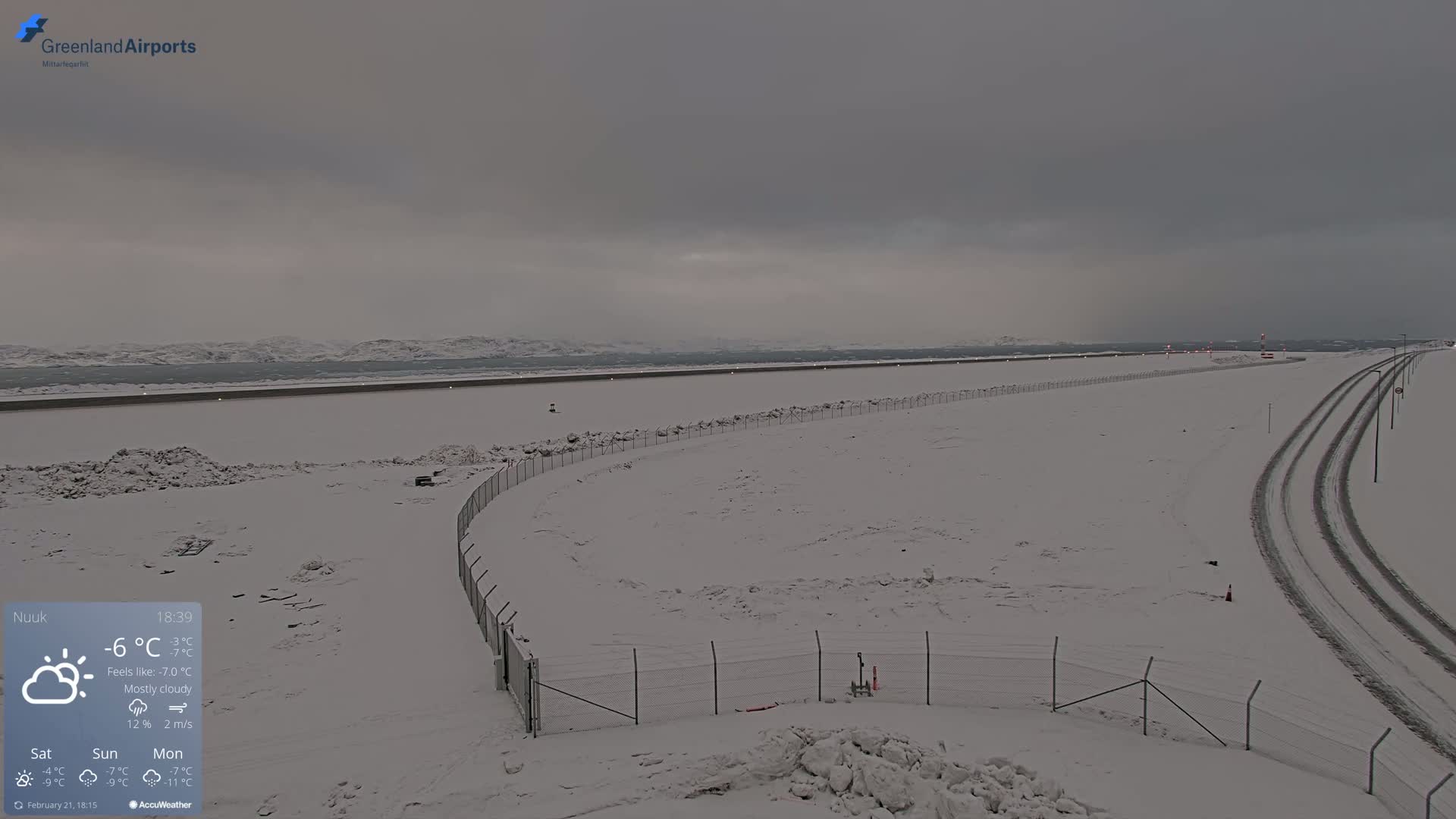 A snow-covered airport runway and surrounding area under a mostly cloudy sky.
