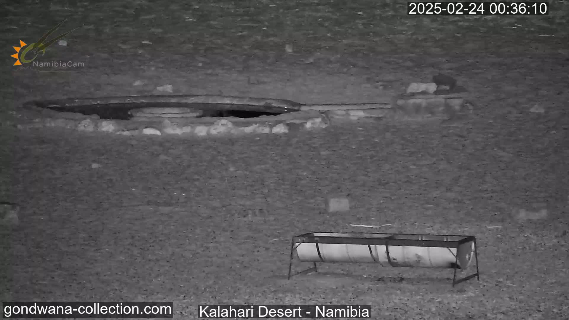 A nighttime infrared image shows a dark, possibly man-made, hole in the ground near a trough in a desert setting.
