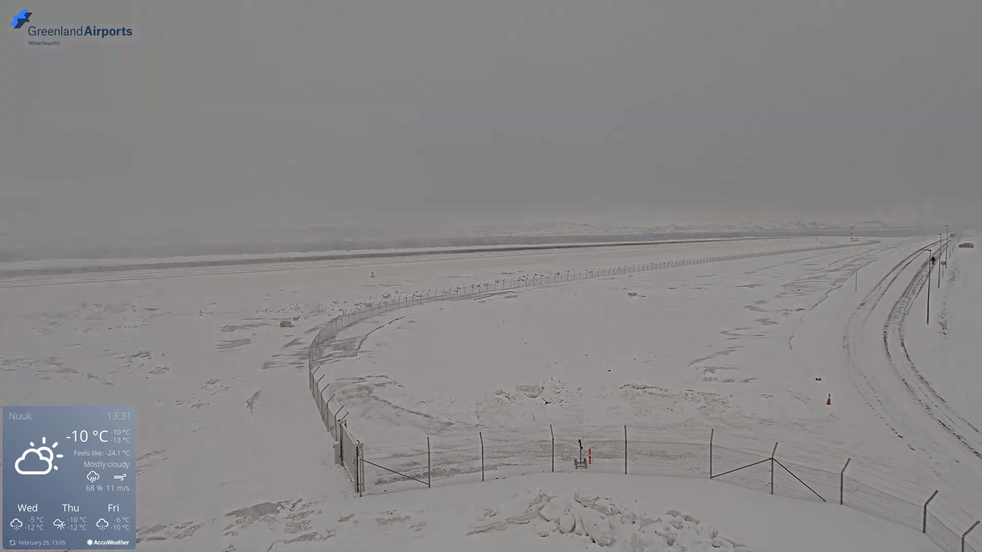 A mostly cloudy, snowy airfield is seen from a high vantage point, with tire tracks visible on the snow-covered ground.