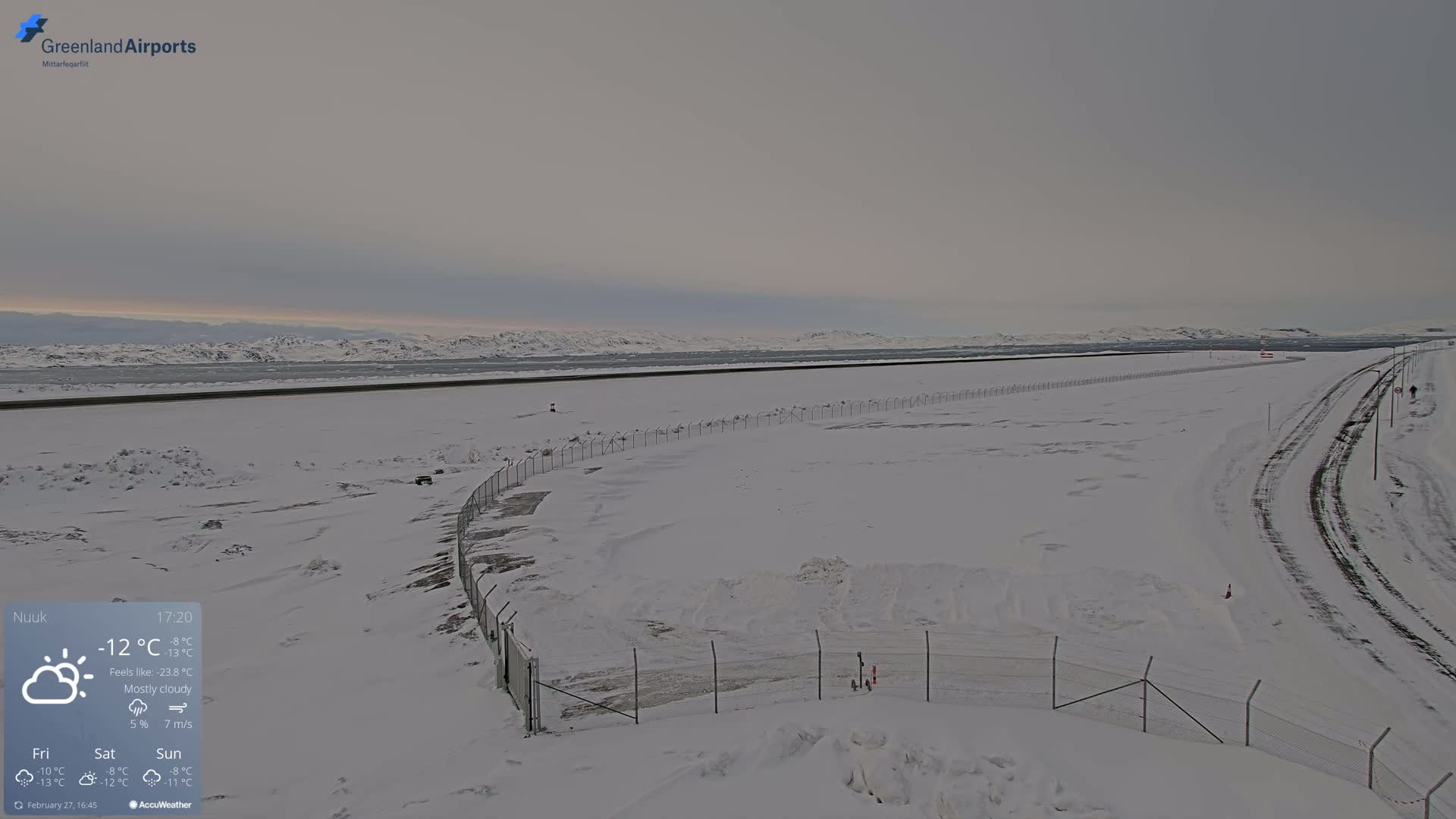 A snow-covered landscape with a chain-link fence, a road with tire tracks, and distant mountains under a mostly cloudy sky.