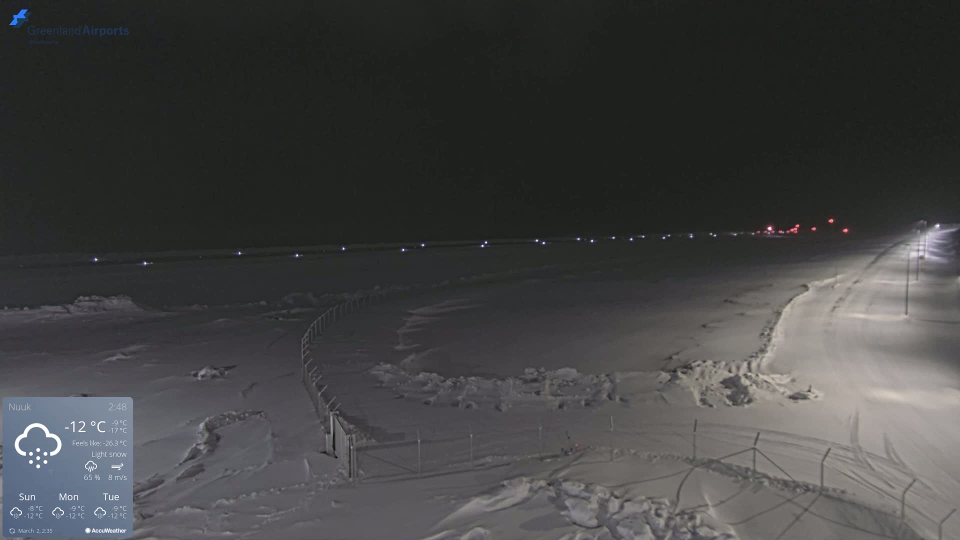 A snow-covered airfield is illuminated at night under light snow with a wind of 8 m/s.
