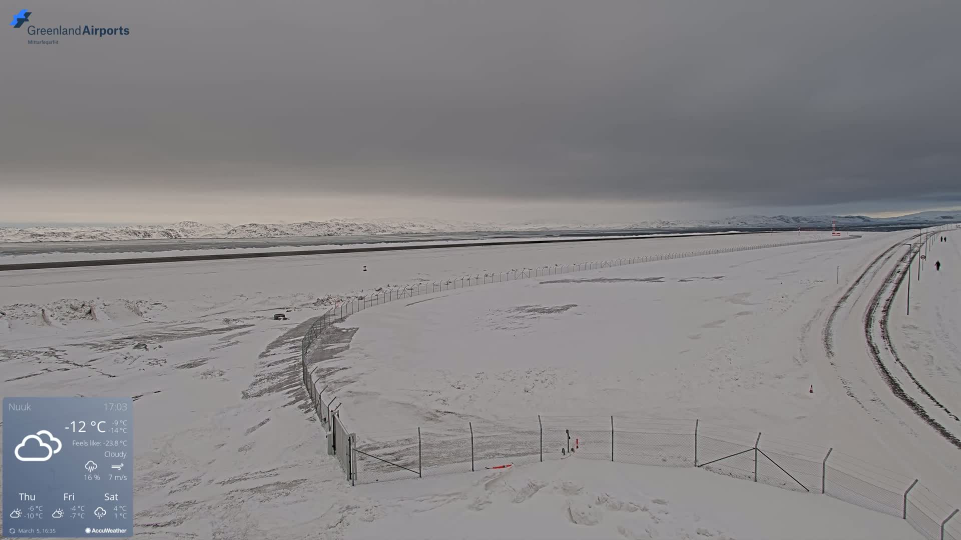 A snow-covered airport runway and surrounding area are visible under a cloudy sky.