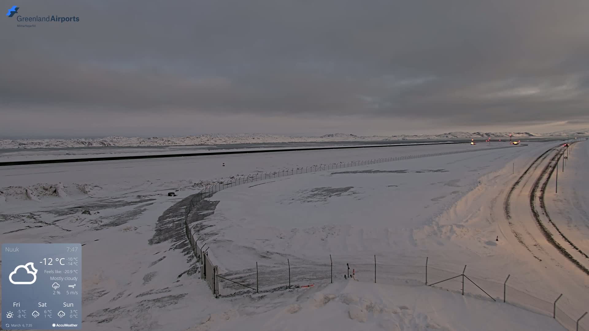 A snow-covered landscape with a road and fence, under a mostly cloudy sky.