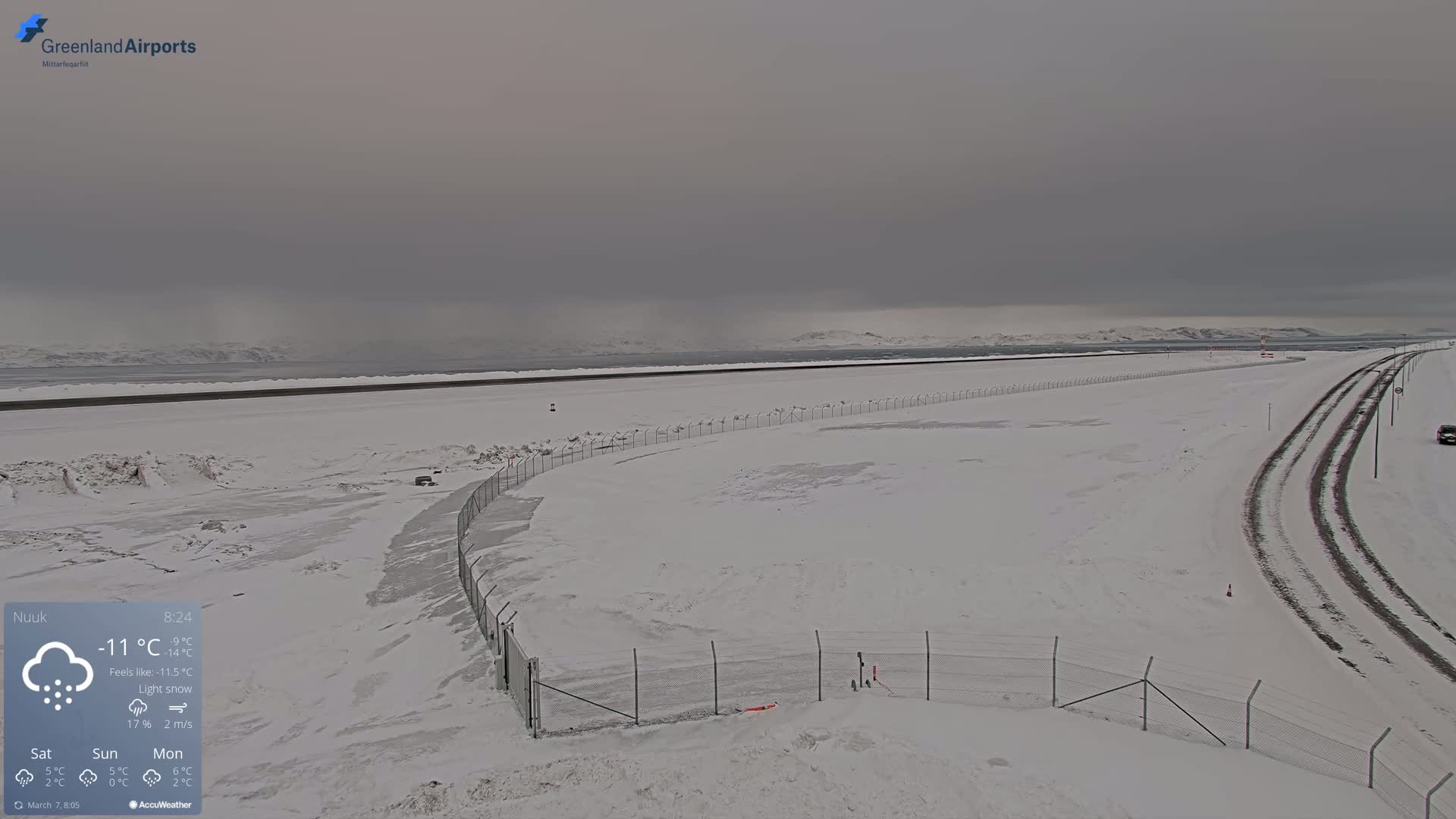 A snow-covered airfield and road are visible under a gray, overcast sky with light snow falling.