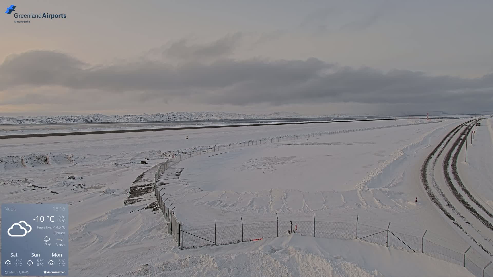 A snow-covered airport runway and surrounding area are visible under a cloudy sky.