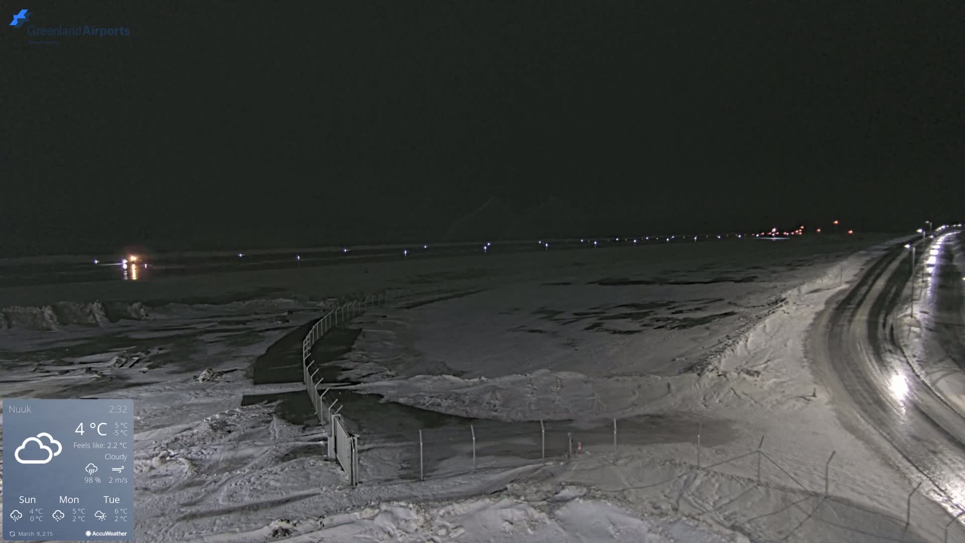 A snow-covered airfield at night under cloudy skies, with a road leading away from the scene.