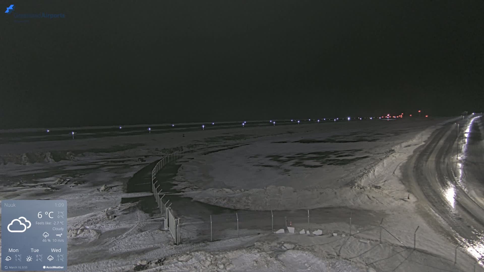 A nighttime, cloudy scene of a snow-covered airport runway and adjacent road with lights illuminating the area.