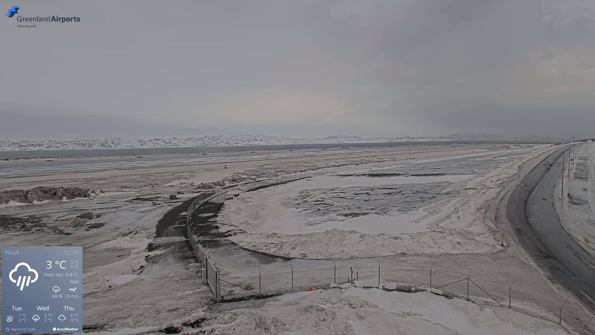 A snow-covered landscape with a road and fence, under a gray, rainy sky, shows a body of water and distant snow-capped mountains in the background.