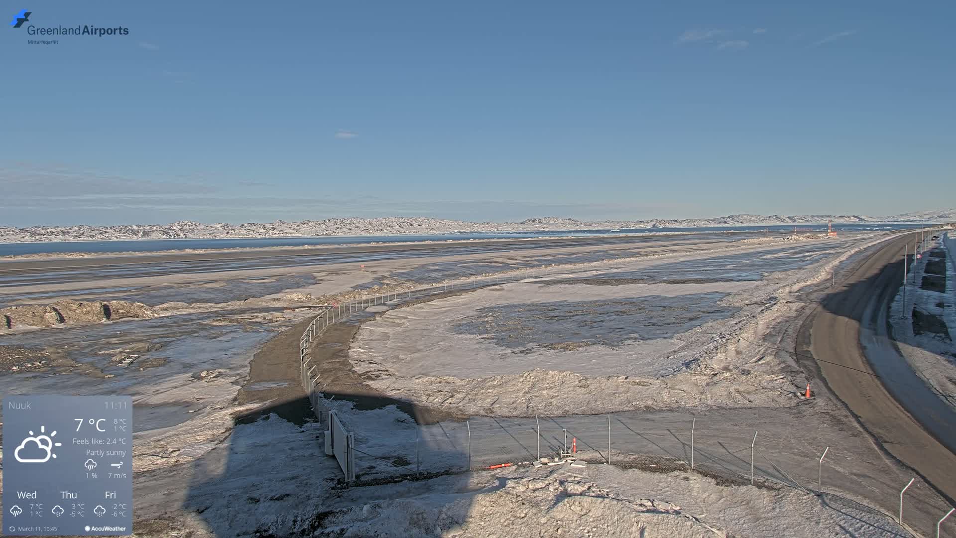 A partly sunny day reveals a snow-covered airport tarmac and roadway next to a body of water with distant, snow-capped mountains under a clear blue sky.