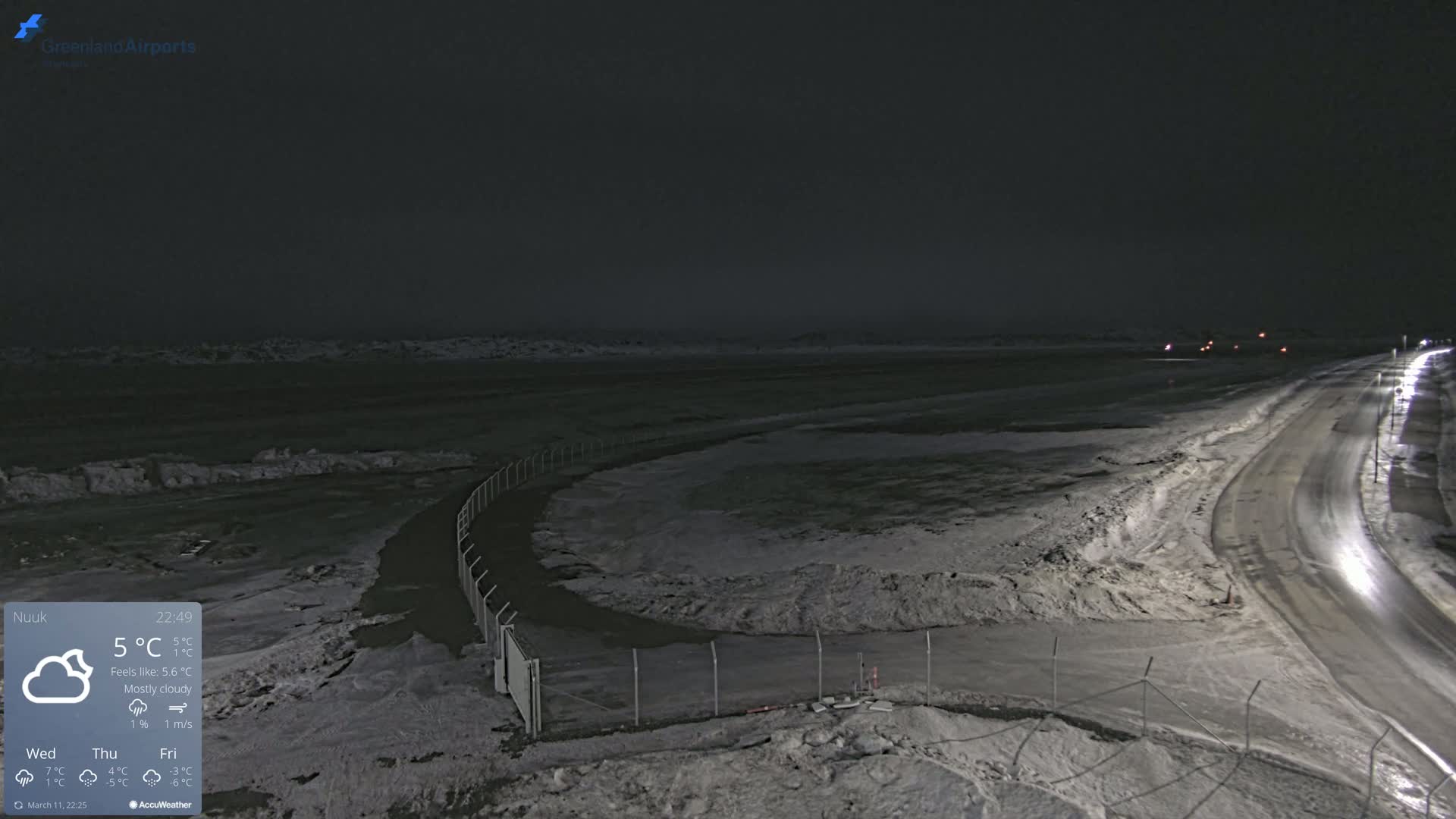A mostly cloudy night scene shows a snow-covered road and airfield under dim lighting.