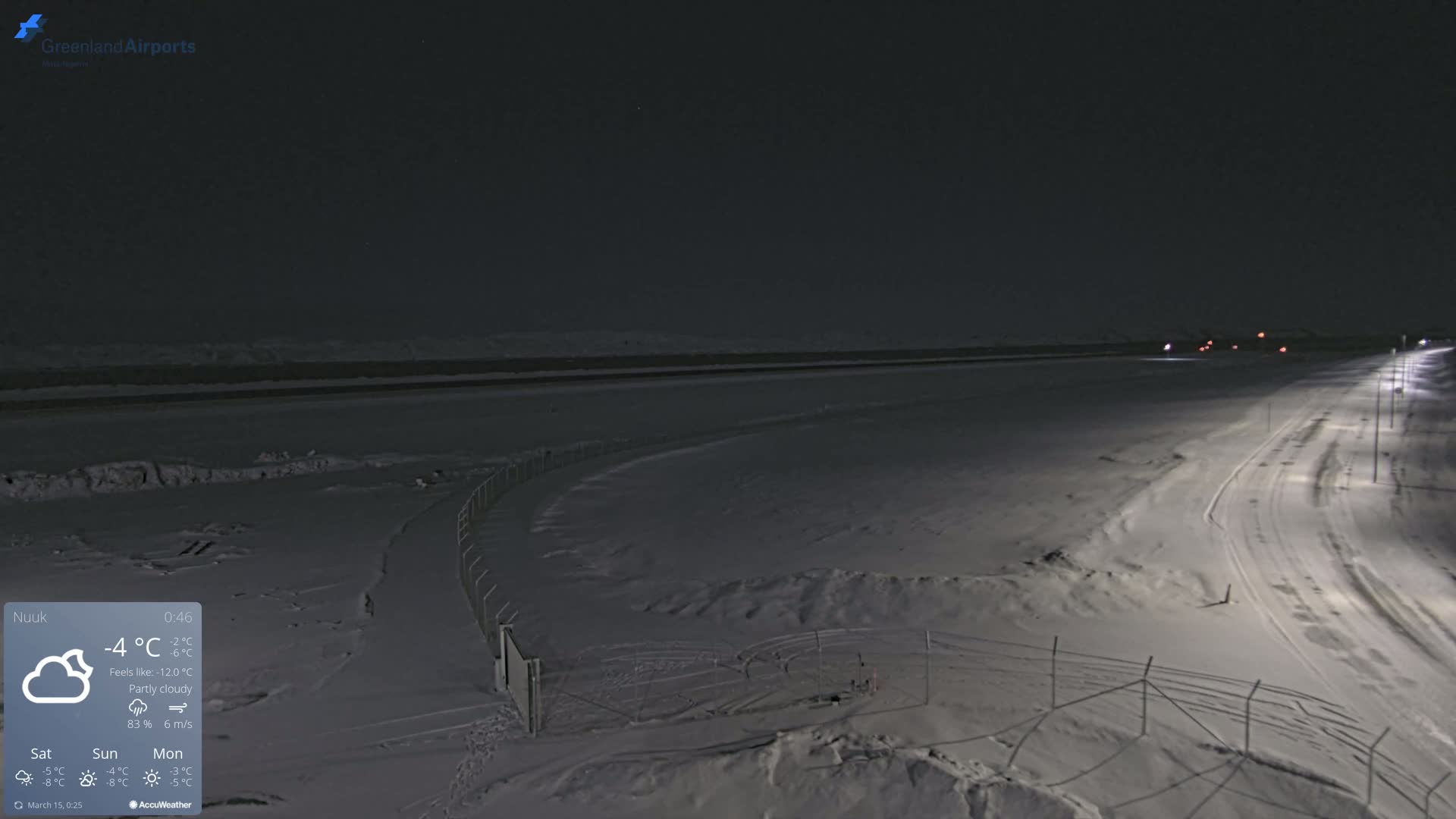 A snow-covered, nighttime airfield scene is illuminated by streetlights along a road, under partly cloudy skies.