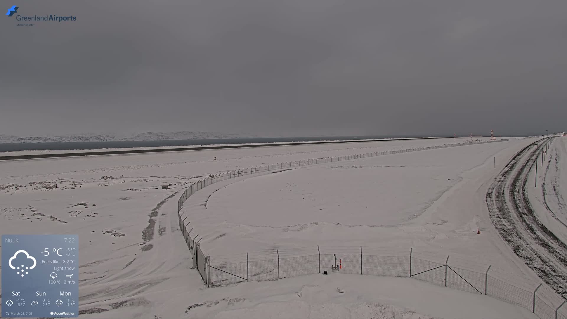 A snow-covered airport tarmac and roadway are visible under a gray, overcast sky with light snow falling.
