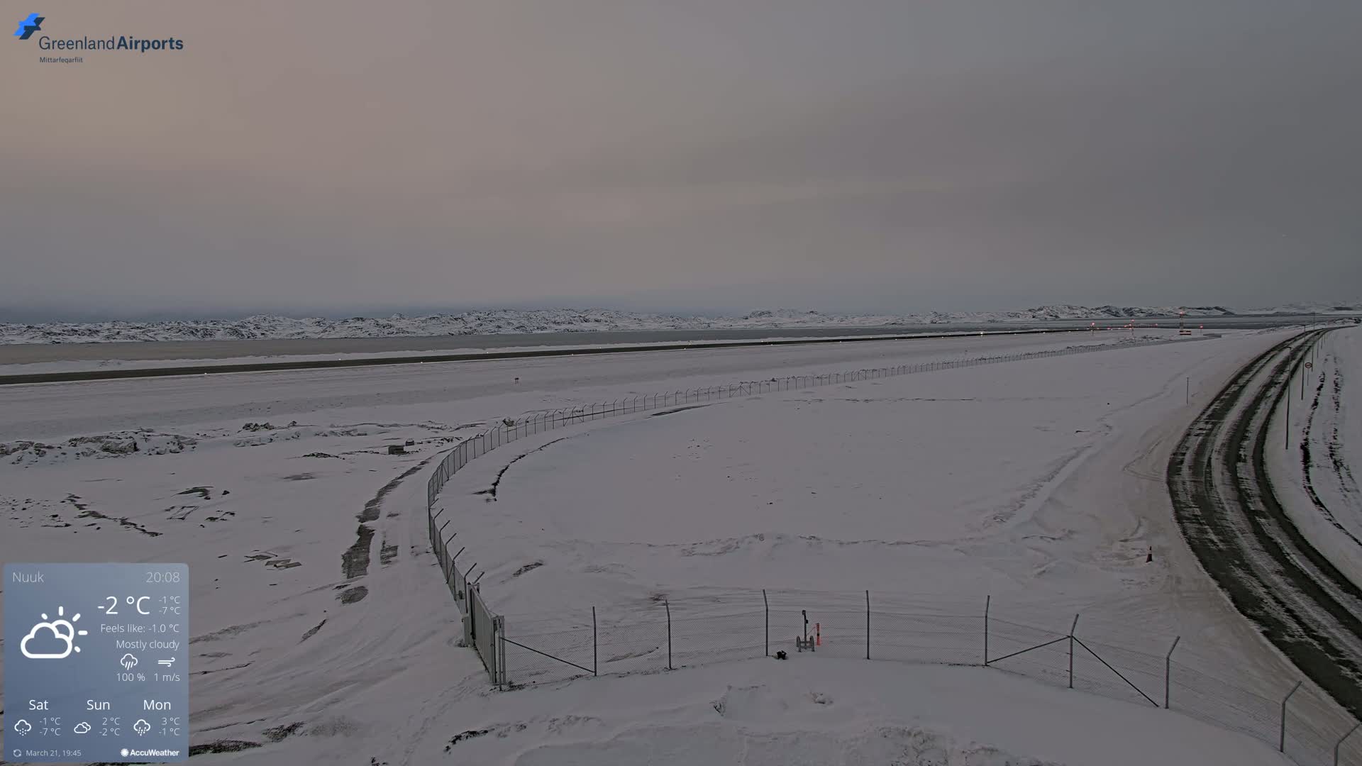A snow-covered airport runway and adjacent road are visible under a mostly cloudy sky.