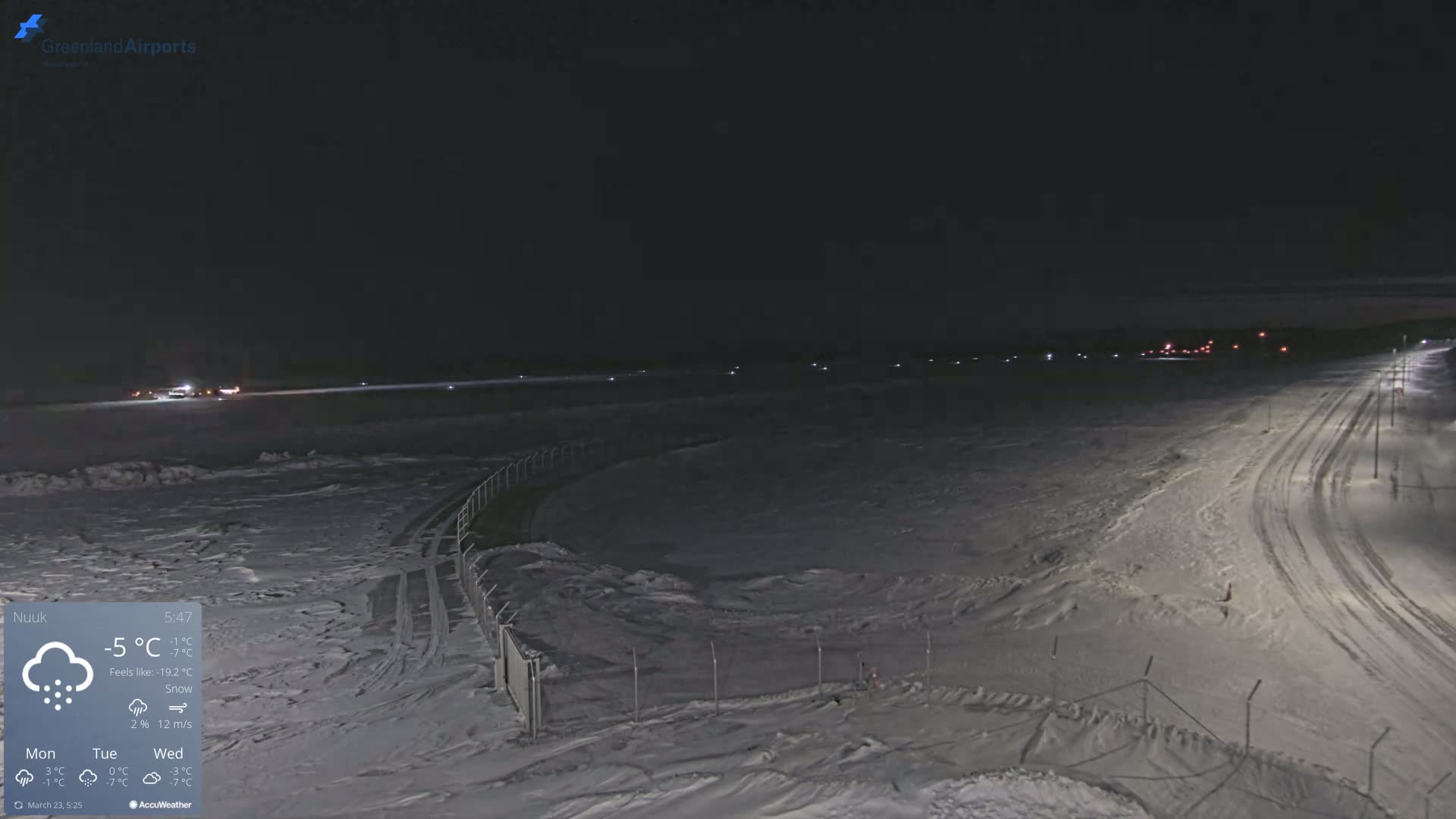 A snow-covered airfield is visible at night under snowy conditions.