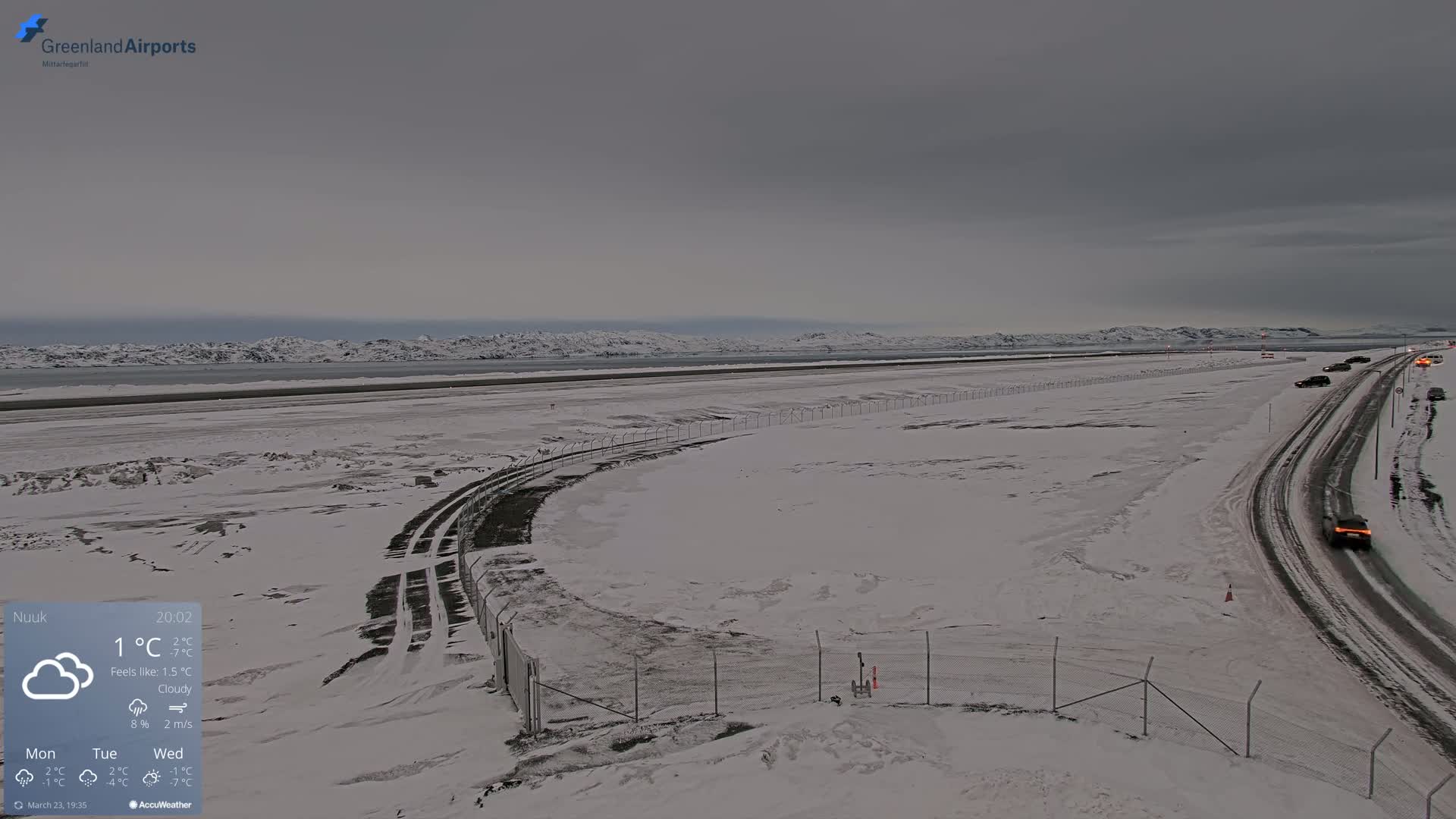 A snowy airfield with a road and several vehicles is visible under a cloudy sky.