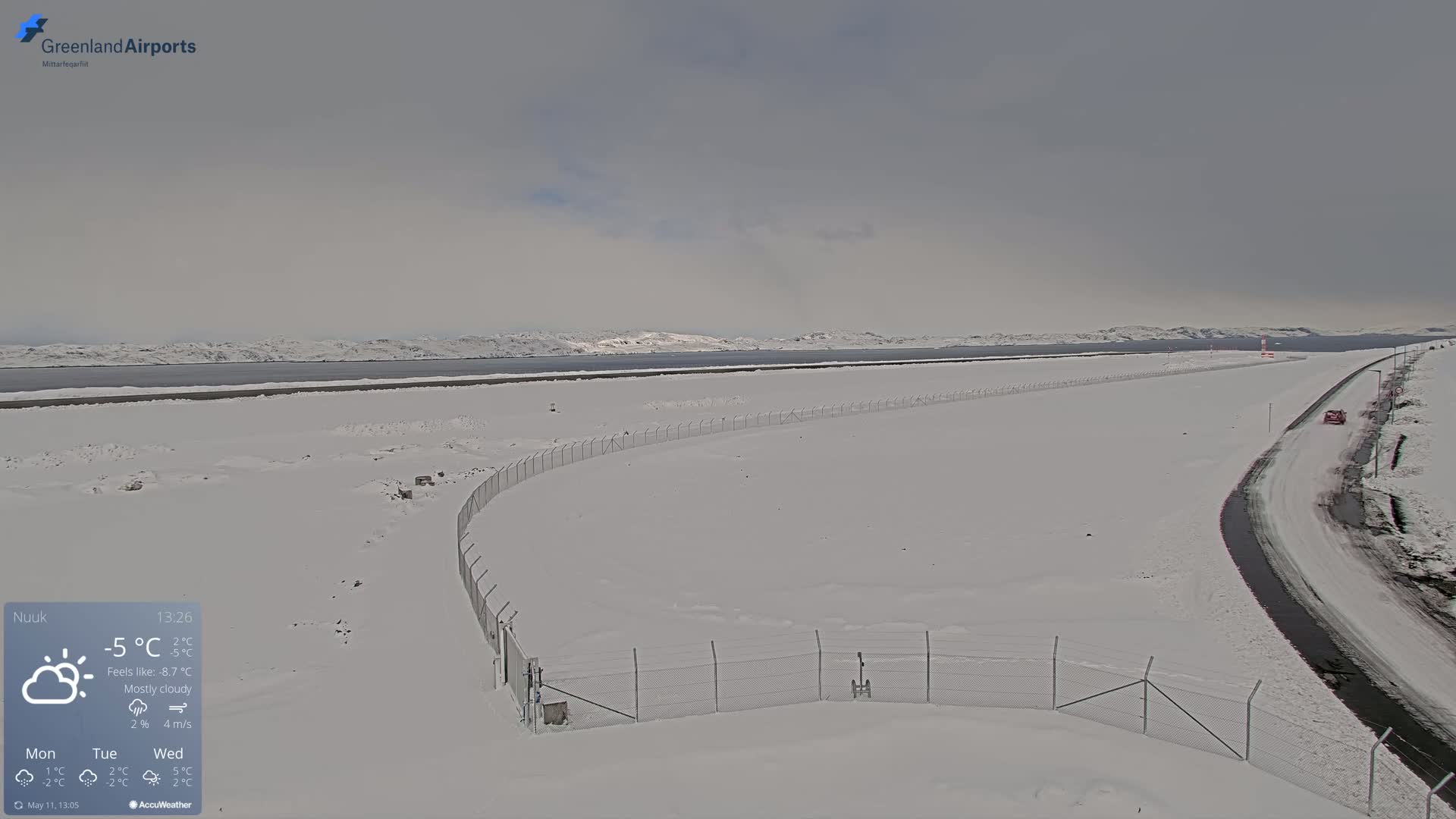 A snow-covered landscape with a chain-link fence and a road, under mostly cloudy skies.