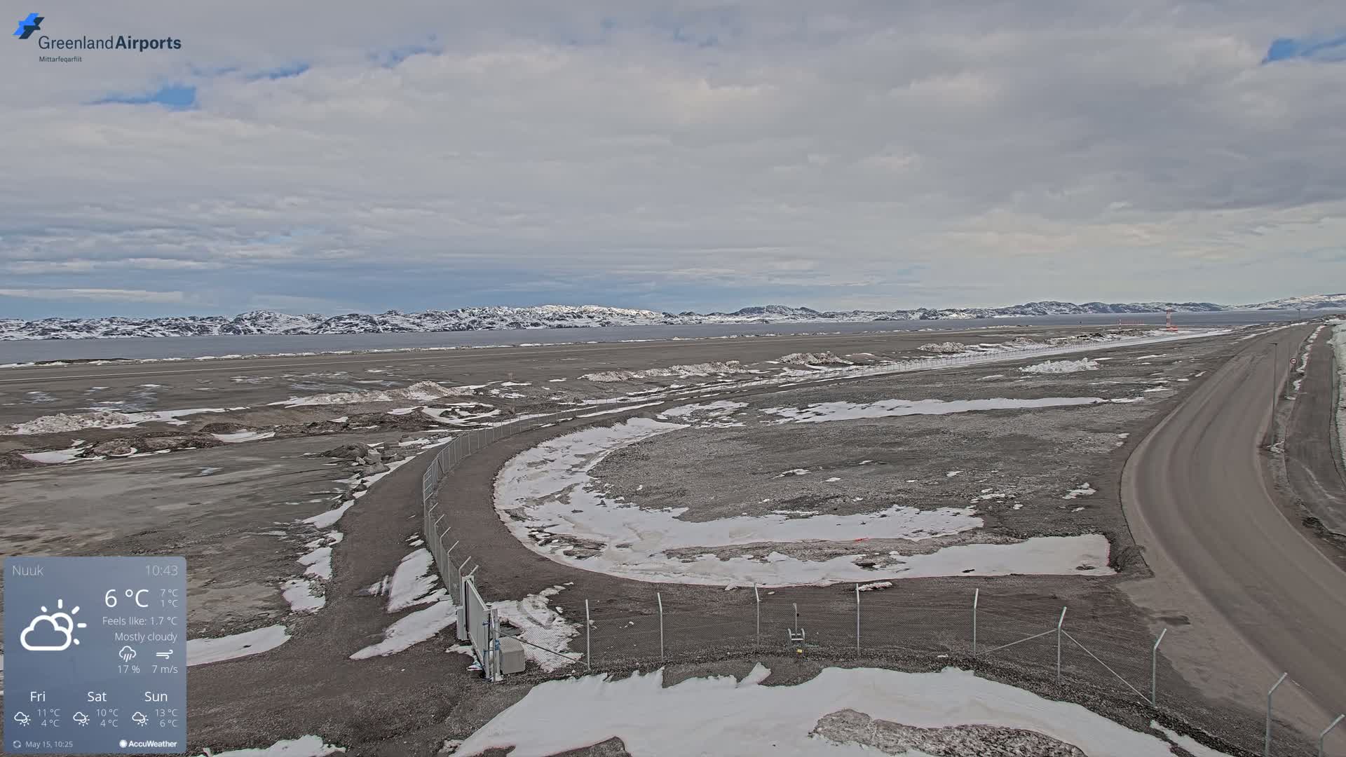 A mostly cloudy day reveals a wide, mostly barren airfield with patches of snow, a curving road, and distant snow-covered mountains.